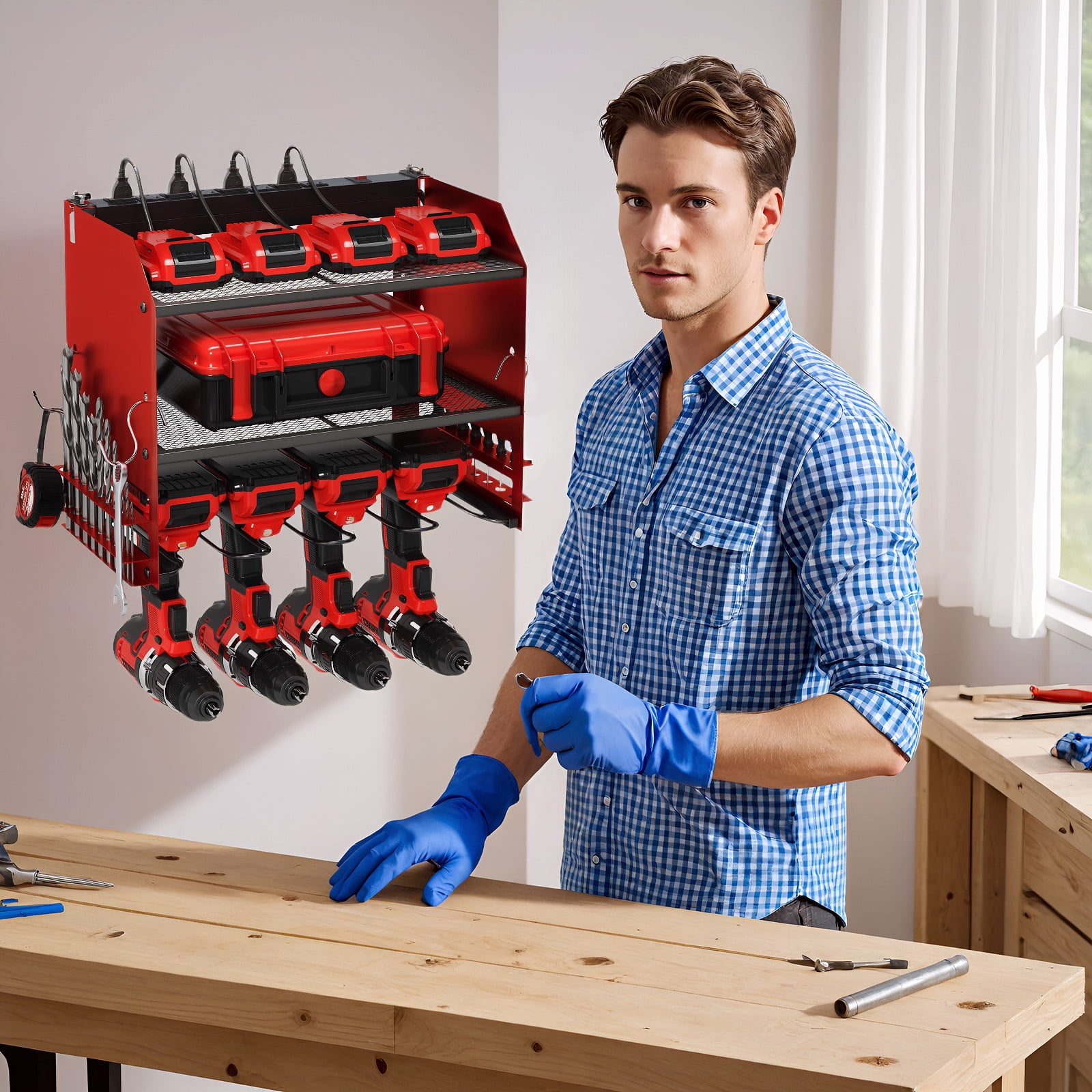 TLGREEN Power Tool Organizer Wall Mount with Charging Station (Red, 16.3 in x 9.1 in x 12 in) jslkt