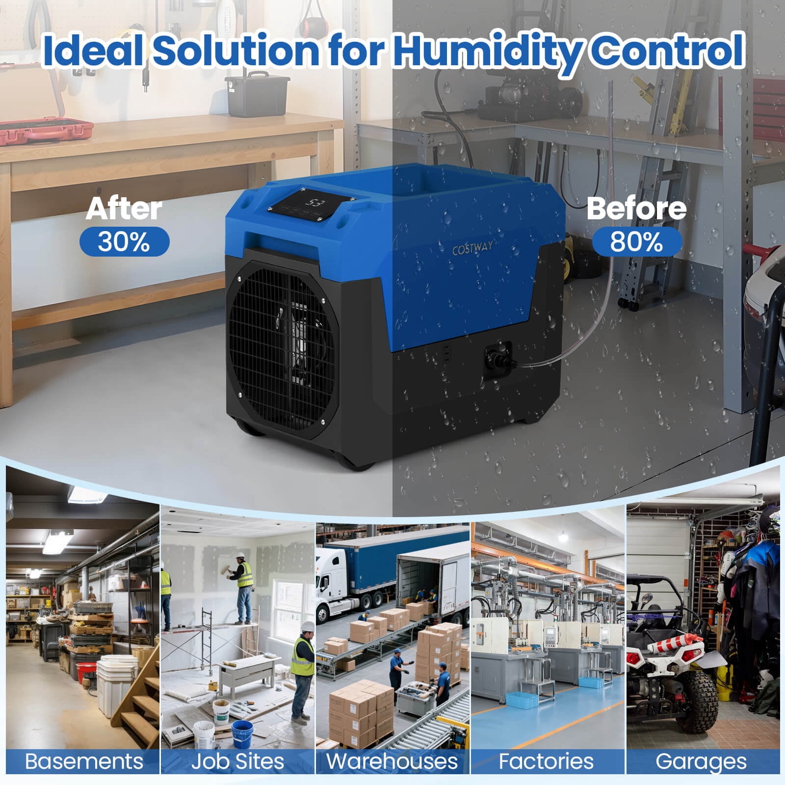 Costway Commercial Dehumidifier with Built-in Pump and Drain Hose for Basements and Job Sites (Blue, 50-Pint) 2k0bp