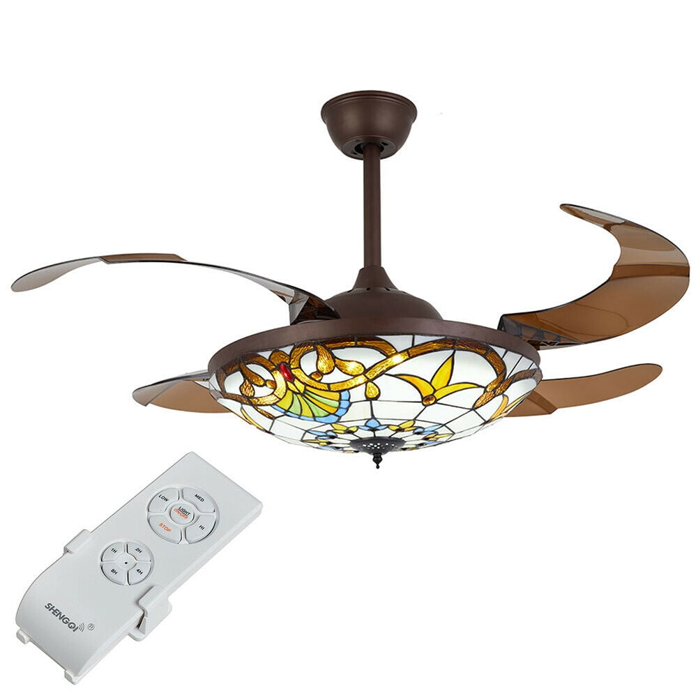 Denest 42 in Tiffany Style LED Retractable Ceiling Fan with Remote Control (3-Speed, 4-Blade) 0zrd0
