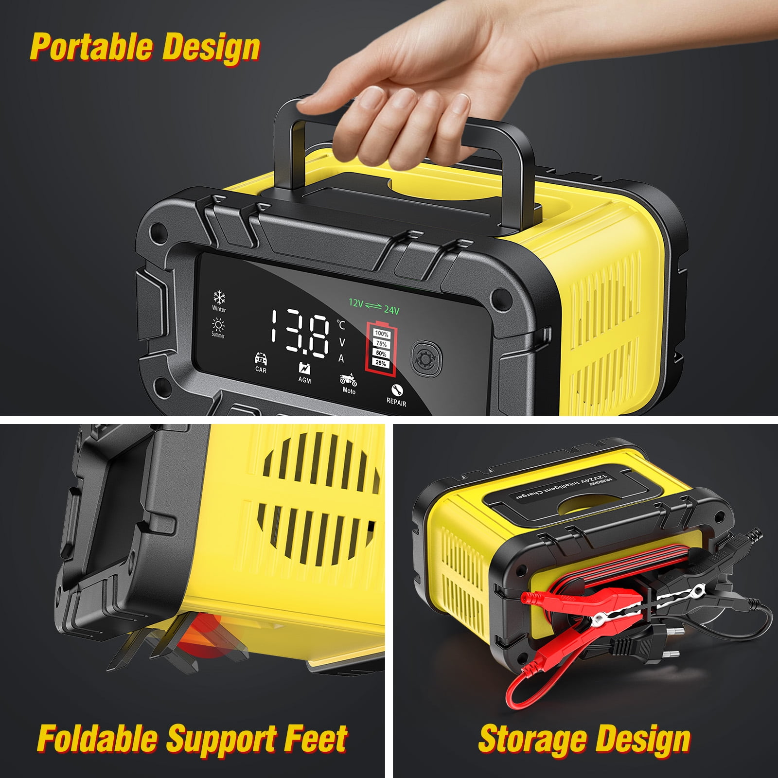 HUSGW Smart Car Battery Charger, Fully-Automatic 12V 20A and 24V 10A Dual Voltage Power Supply for Lead-Acid and LiFePO4 Batteries (Yellow) 09uza