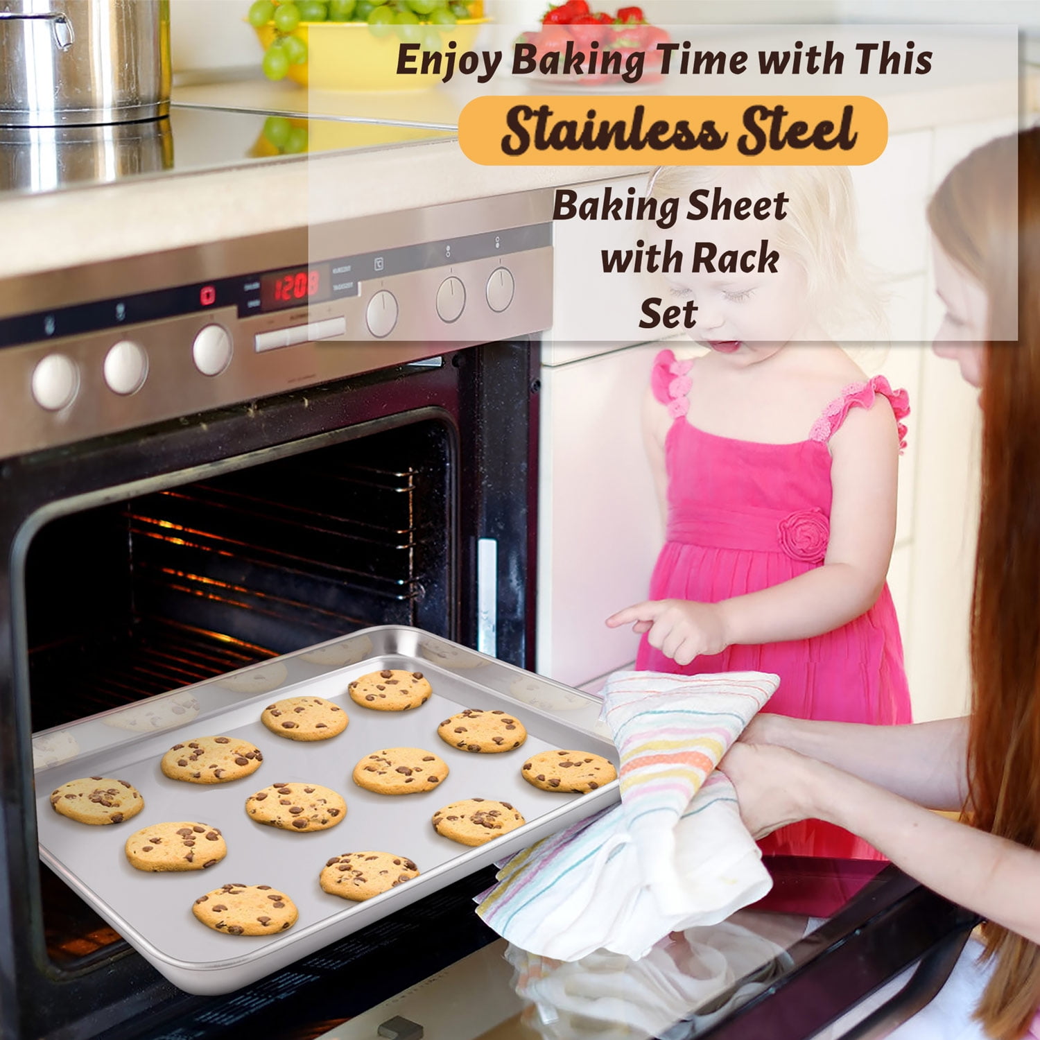Vesteel Extra Large Stainless Steel Baking Sheet Set, Heavy Duty Cookie Pan for Oven (Silver, 20 in x 14 in x 1 in, 2-Pack) n6zvk