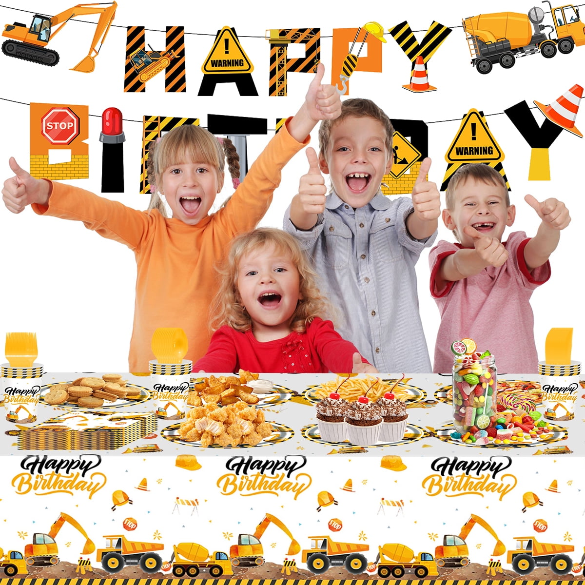 Kabuer Construction Birthday Party Supplies Set with Plates Napkins and Tablecloth (Serves 24) tdq6f