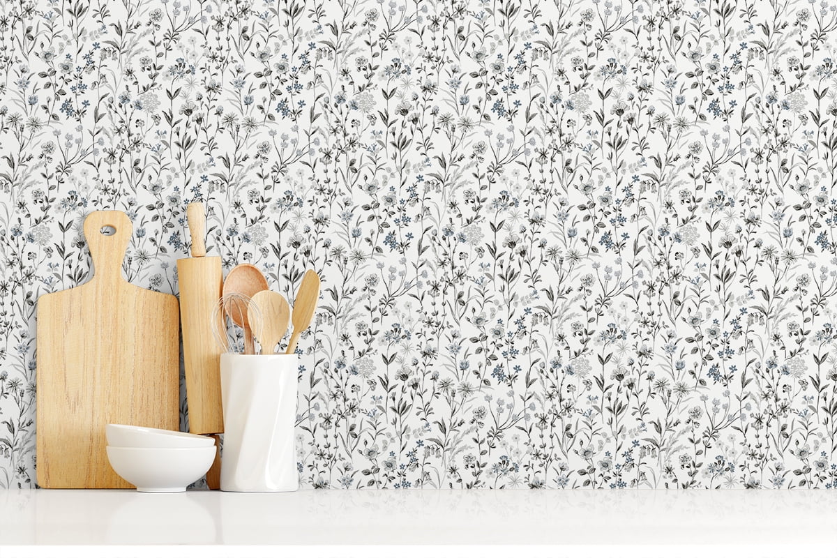 NextWall Wildflowers Peel and Stick Wallpaper (Charcoal and Bluestone, 20.5 in x 18 ft) 4qayz