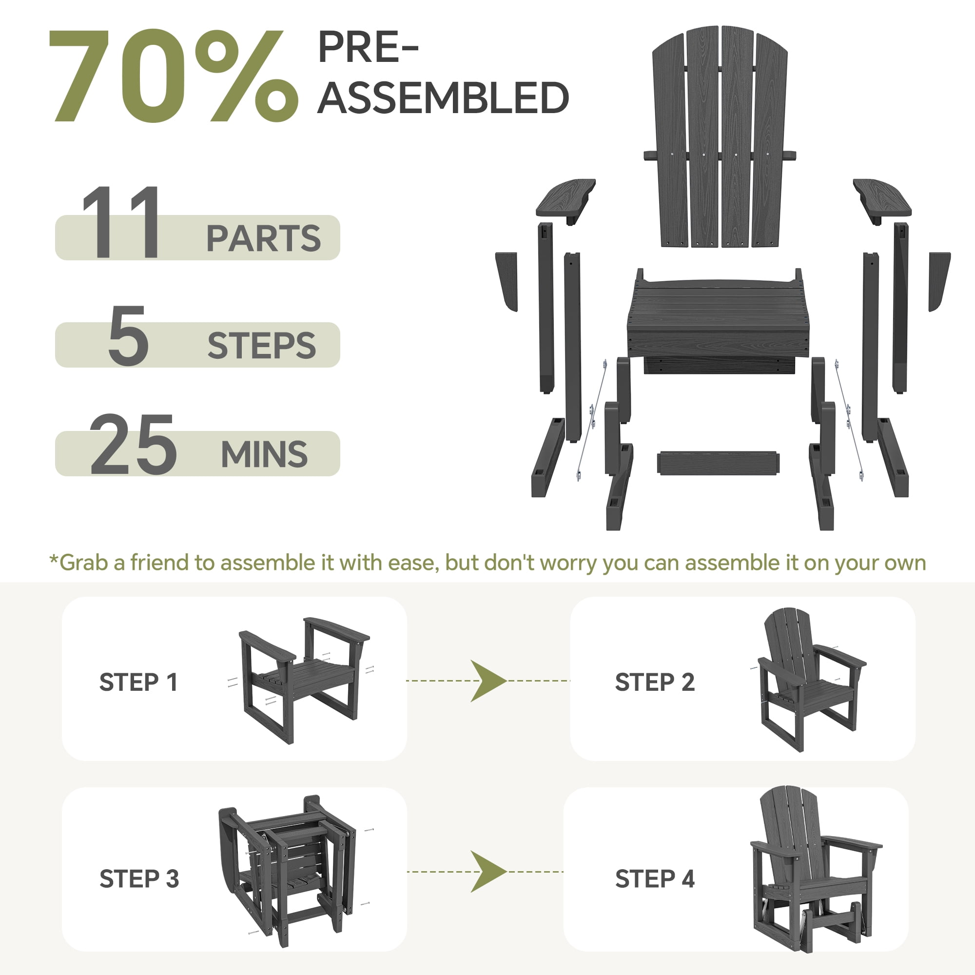 SERWALL Outdoor Glider Chair, All-Weather HDPE Patio Rocker with Ergonomic Design (Gray, 29.1 in W x 25.6 in D x 40.2 in H) 9lx8t
