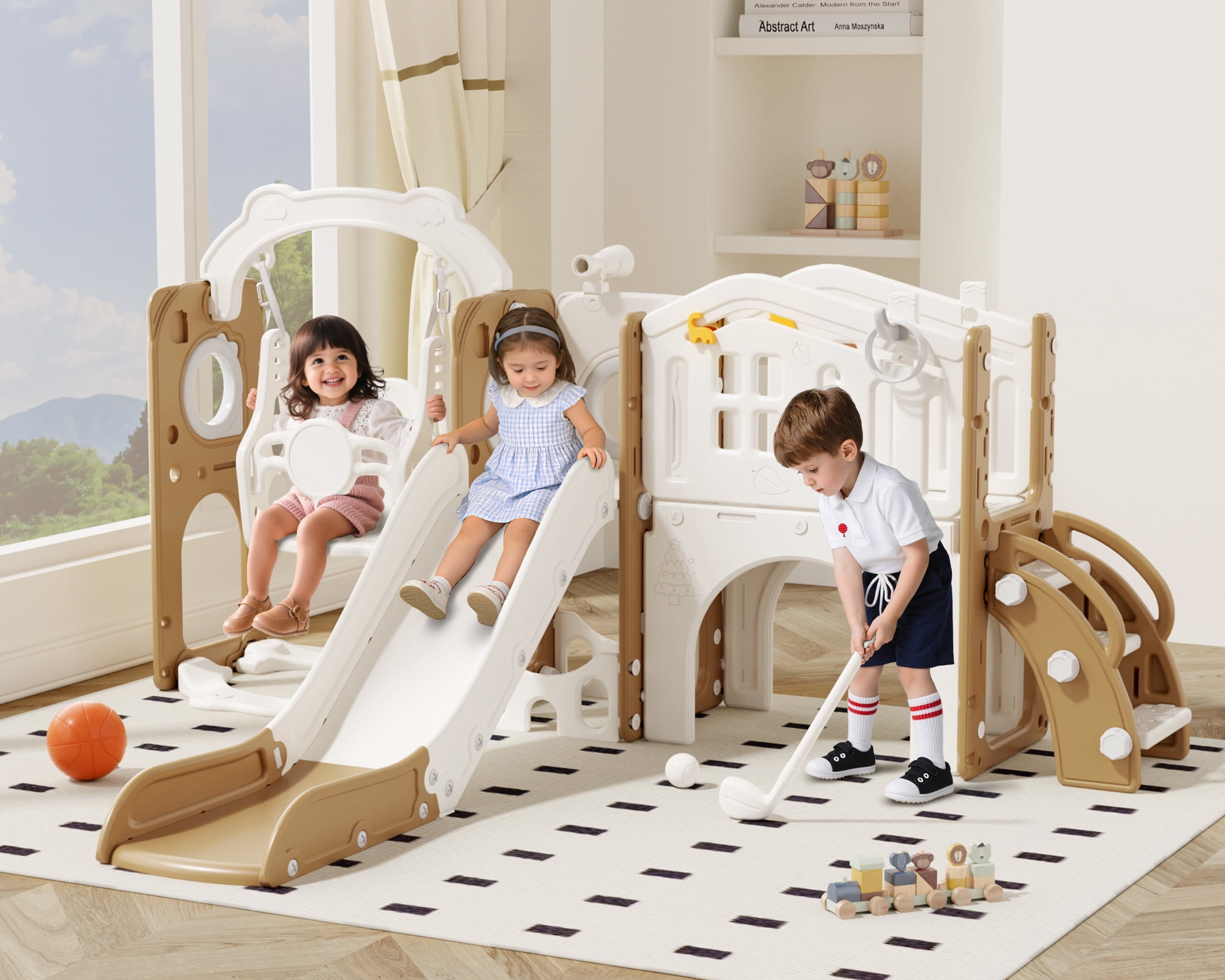 XJD 11-in-1 Toddler Slide and Swing Set, Indoor Outdoor Playground Playset with Basketball Hoop and Climbing Zone (Coffee, 1 Unit) hvqr9