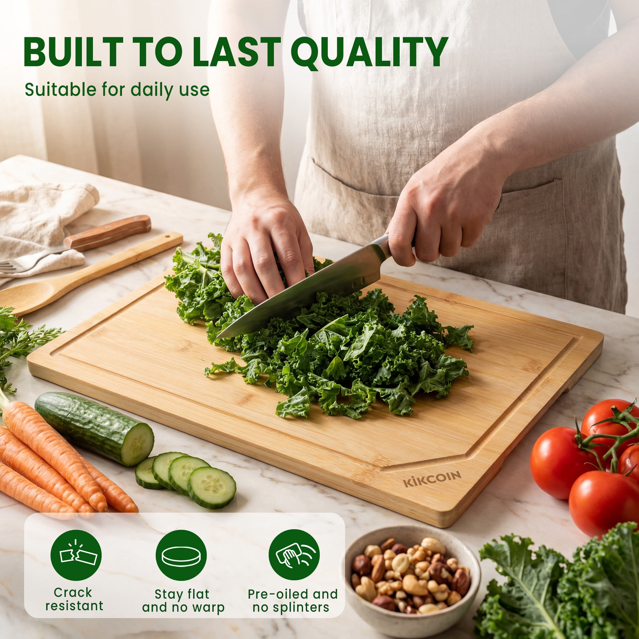 Kikcoin Bamboo Cutting Board for Kitchen, Reversible with Deep Juice Groove and Built-in Handle (17.1 in x 11.4 in) m0vsr