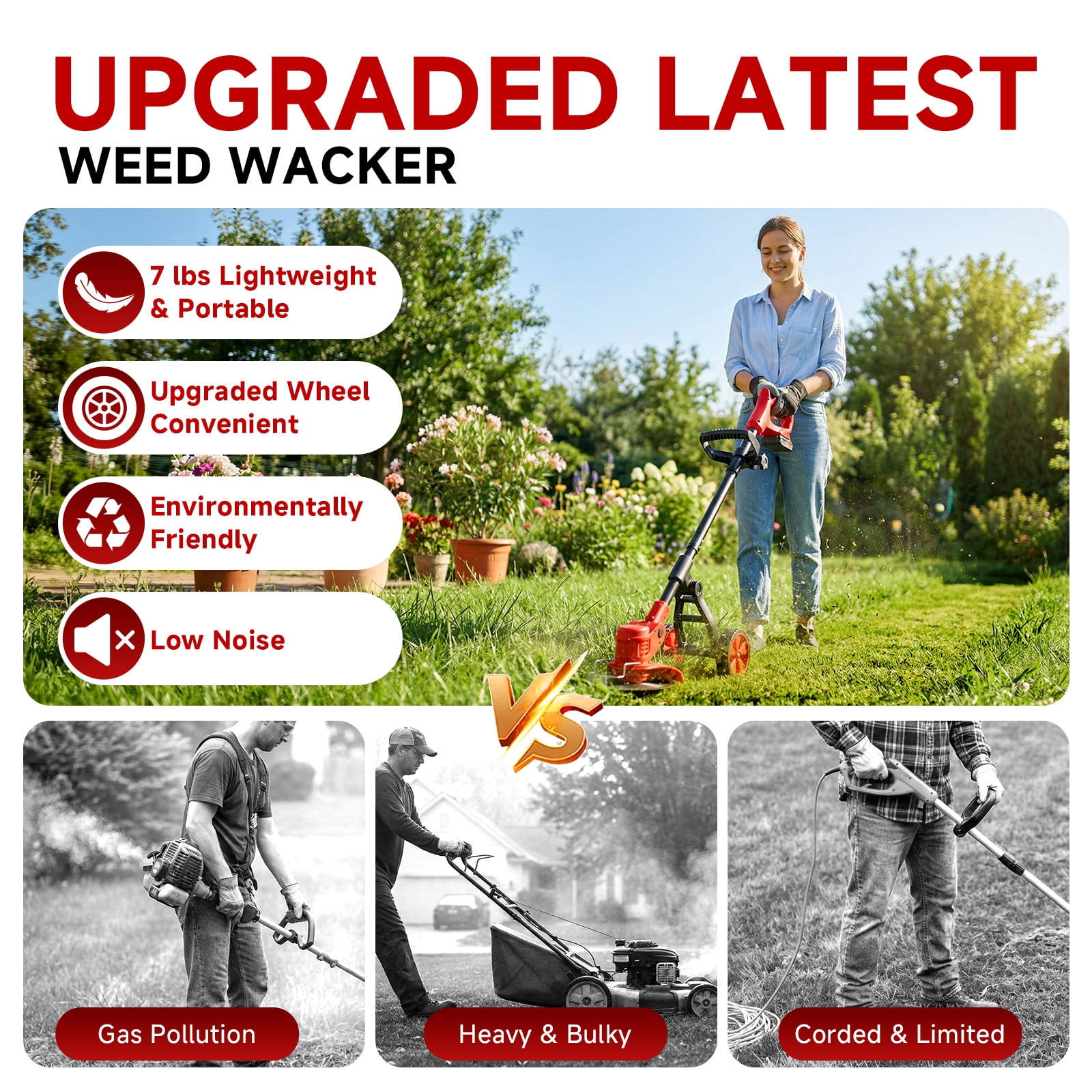 Tanbaby Cordless Weed Wacker and String Trimmer with 3-Blade System (Red, 6 in) f7m2x