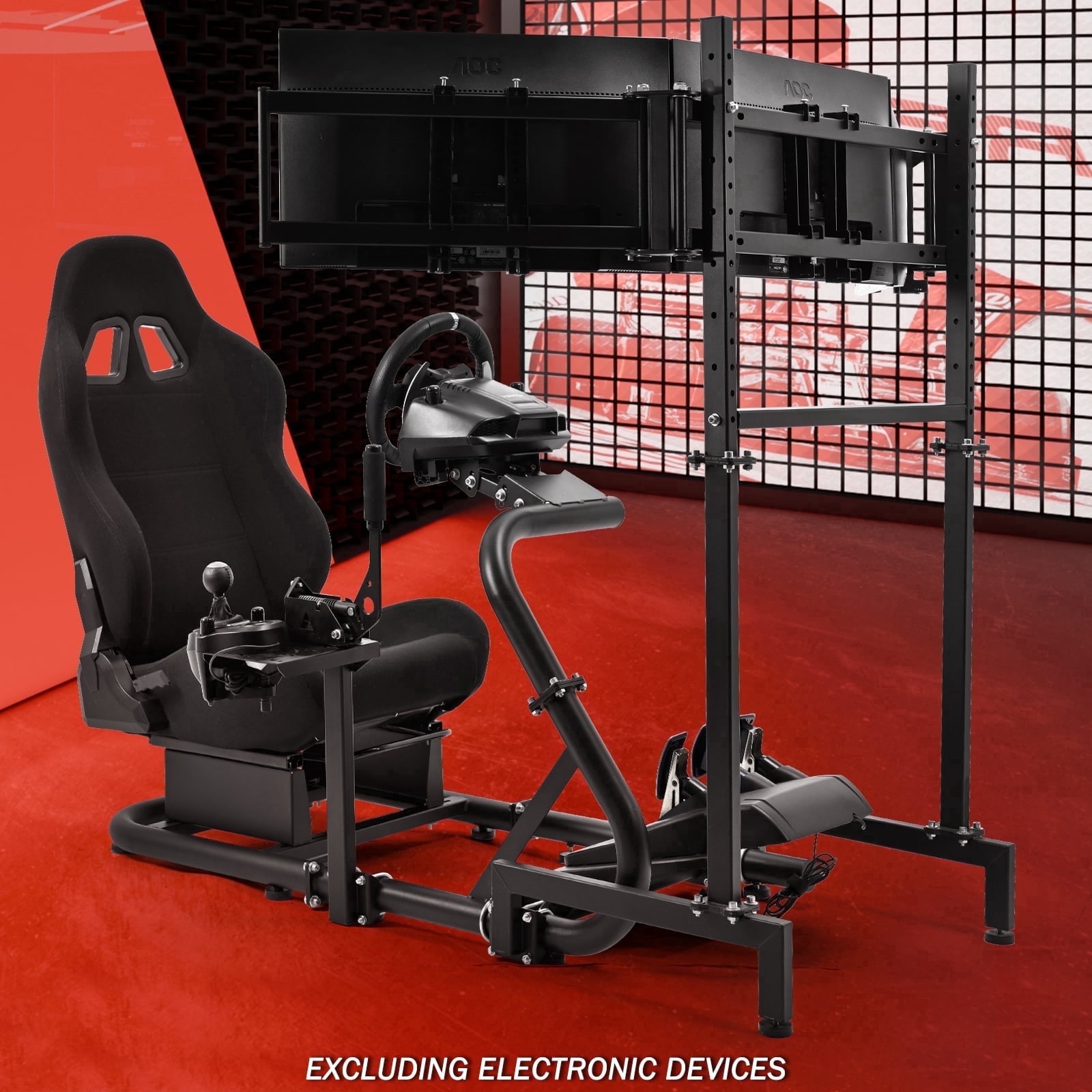 Supllueer Racing Simulator Cockpit with Triple Monitor Stand and Adjustable Seat (Black, 50 in x 24 in x 45 in) 5strn