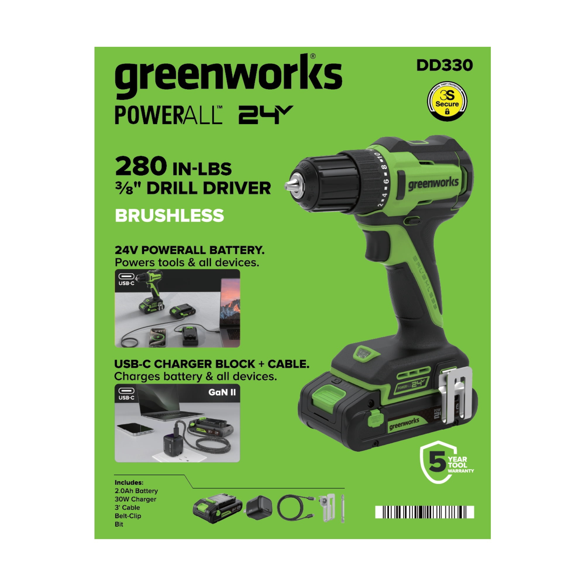 Greenworks 24V Brushless 3/8 in Drill Driver with USB-C Battery (Black, 1 Tool) o0noe