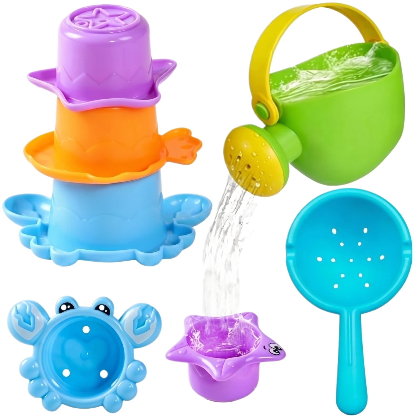 PETTEPBBLEWS Beach Sand Toys Set for Kids, Outdoor Sandbox Activity Kit with Watering Tool, Spoon, and 3 Stacking Cups (Green, 5-Piece Set) e1dol