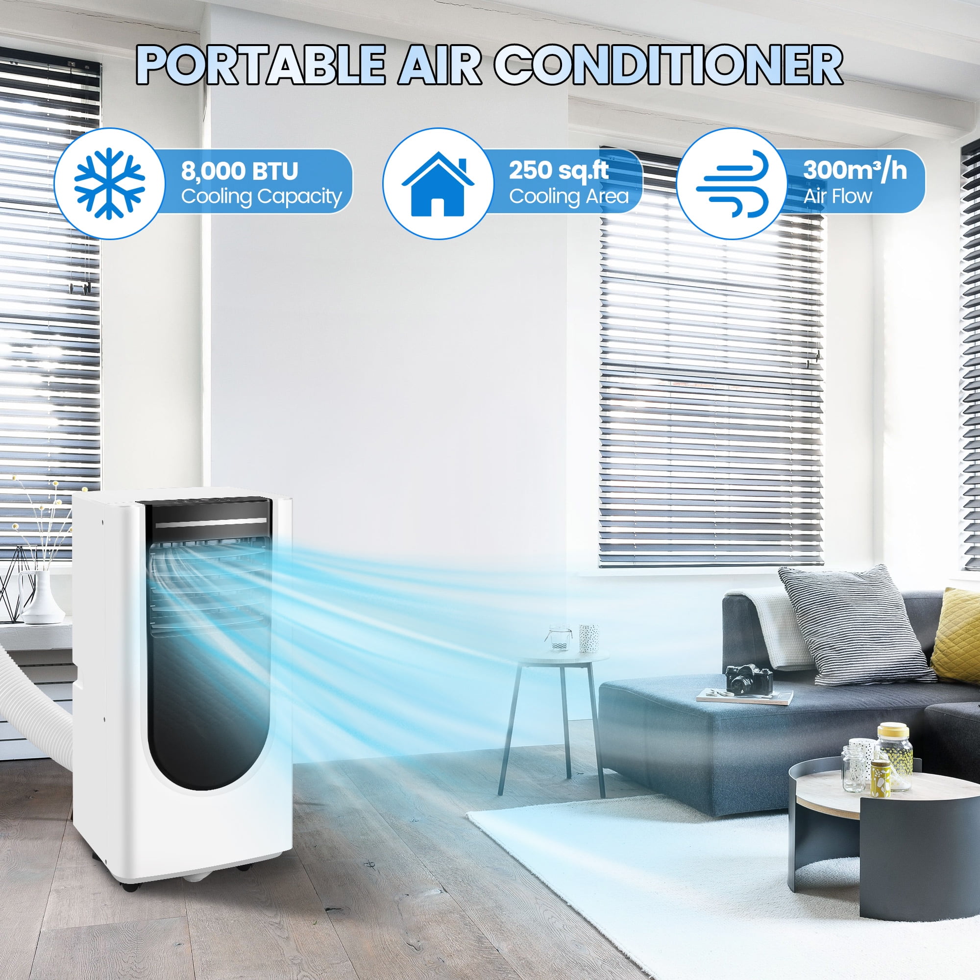 WANAI 8,000 BTU Portable Air Conditioner with Dehumidifier and Fan Mode (White, 250 sq. ft.) 07mpr