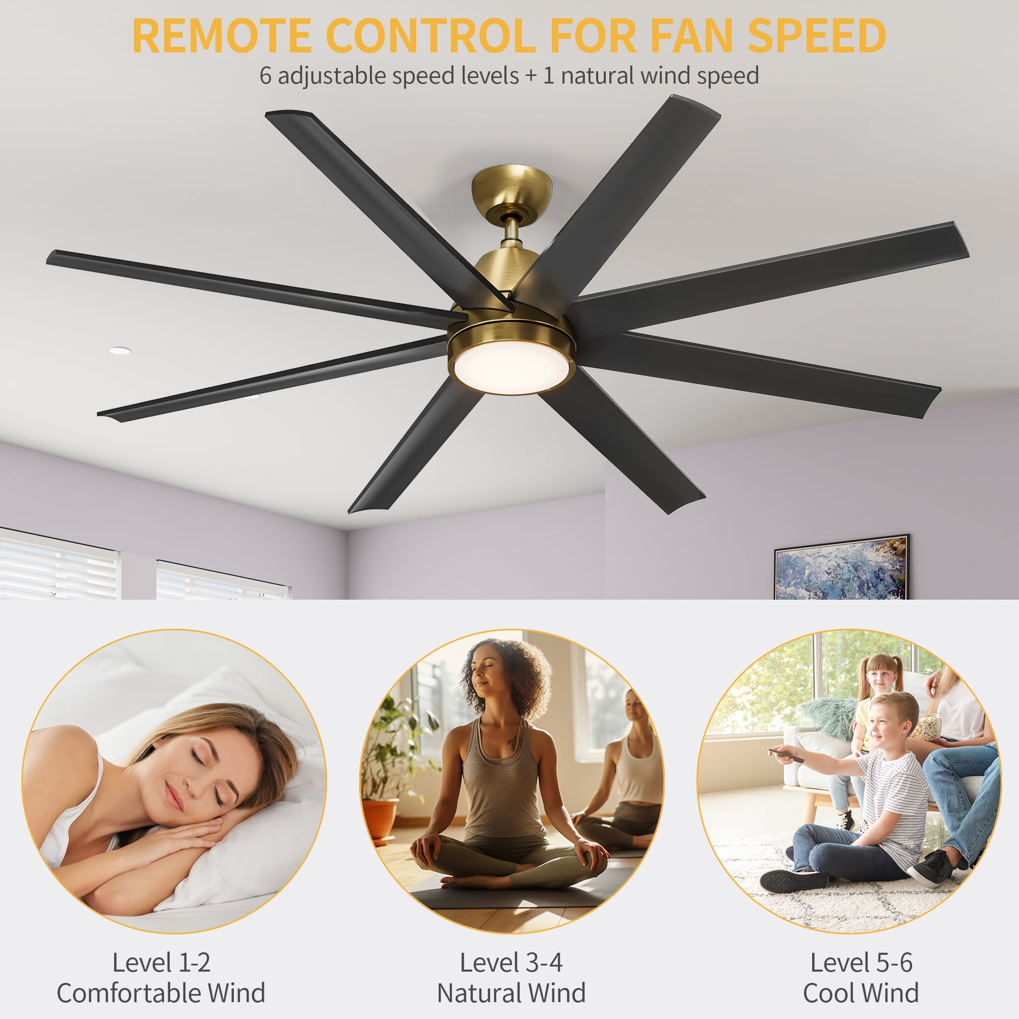 Dextrus 65 in 8-Blade Modern Ceiling Fan with LED Light, Quiet Reversible DC Motor, 6-Speed Remote Control (Black) ei4fp