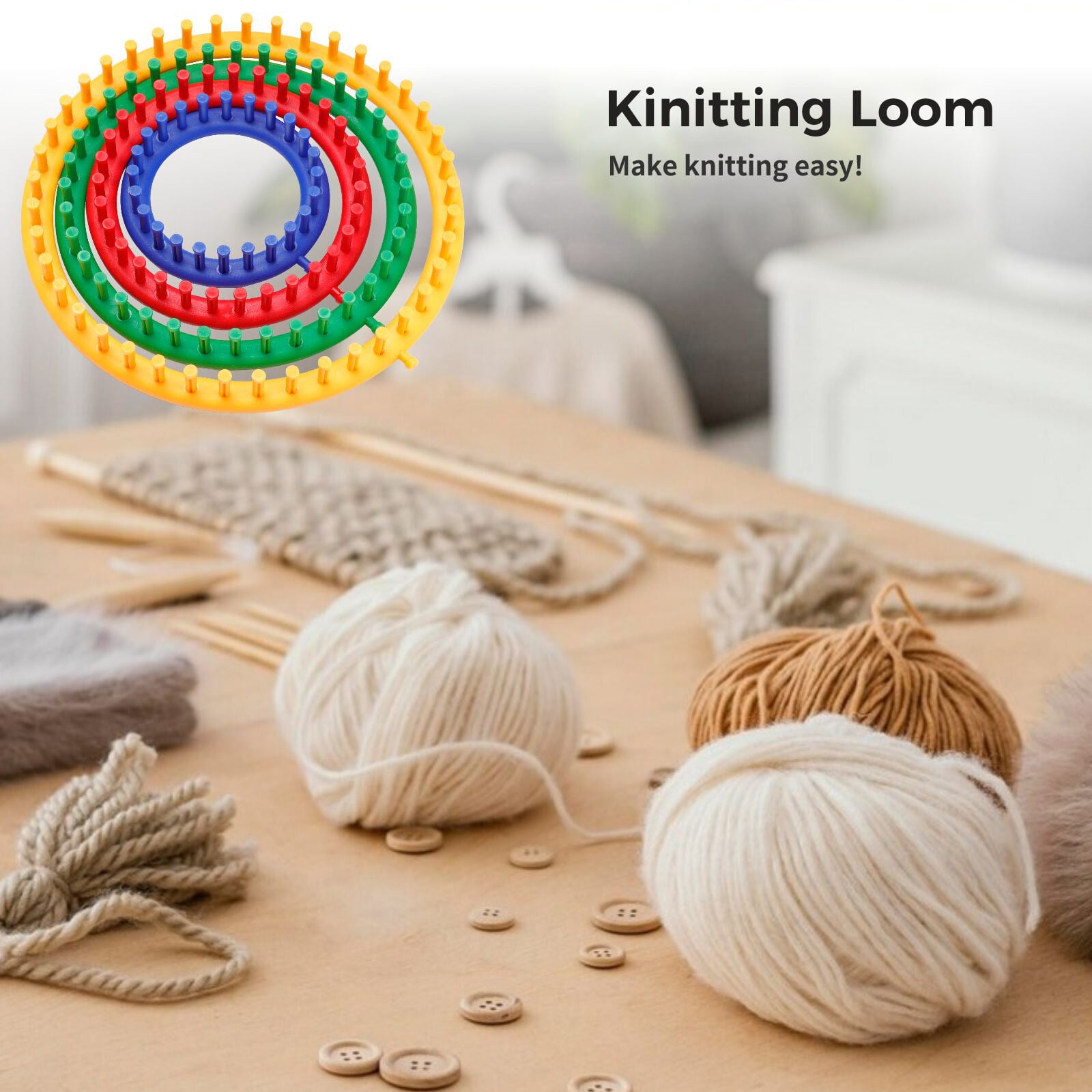 TIFOR Round Knitting Loom Set (4-Piece Circular Knit Tool Kit with Crochet Hook and Needles, Multi-Size) 9w9w4