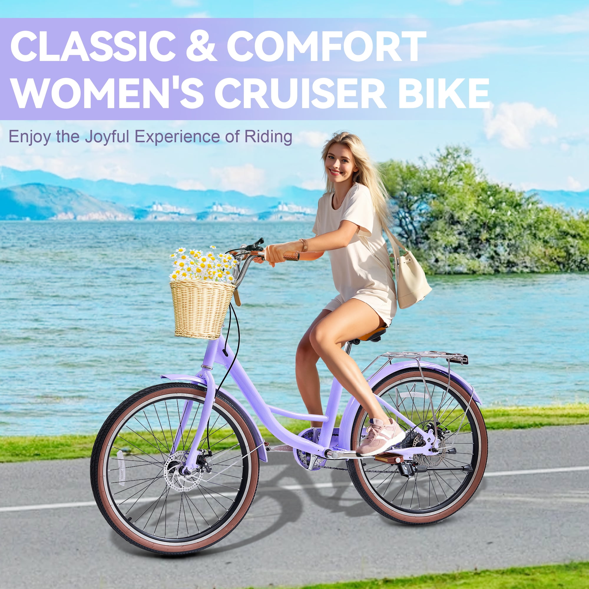 Akaber 24 Inch Beach Cruiser Bike for Women, 7-Speed Commuter Bicycle with Rattan Basket (24 in) wfxv2