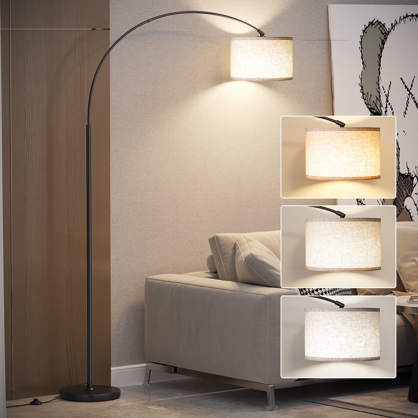 SUNMORY 75 in Arc Floor Lamp, Modern Standing Lamp with 3-Color Temperature LED Bulb, Adjustable Linen Shade & Weighted Base (75 in) iroey