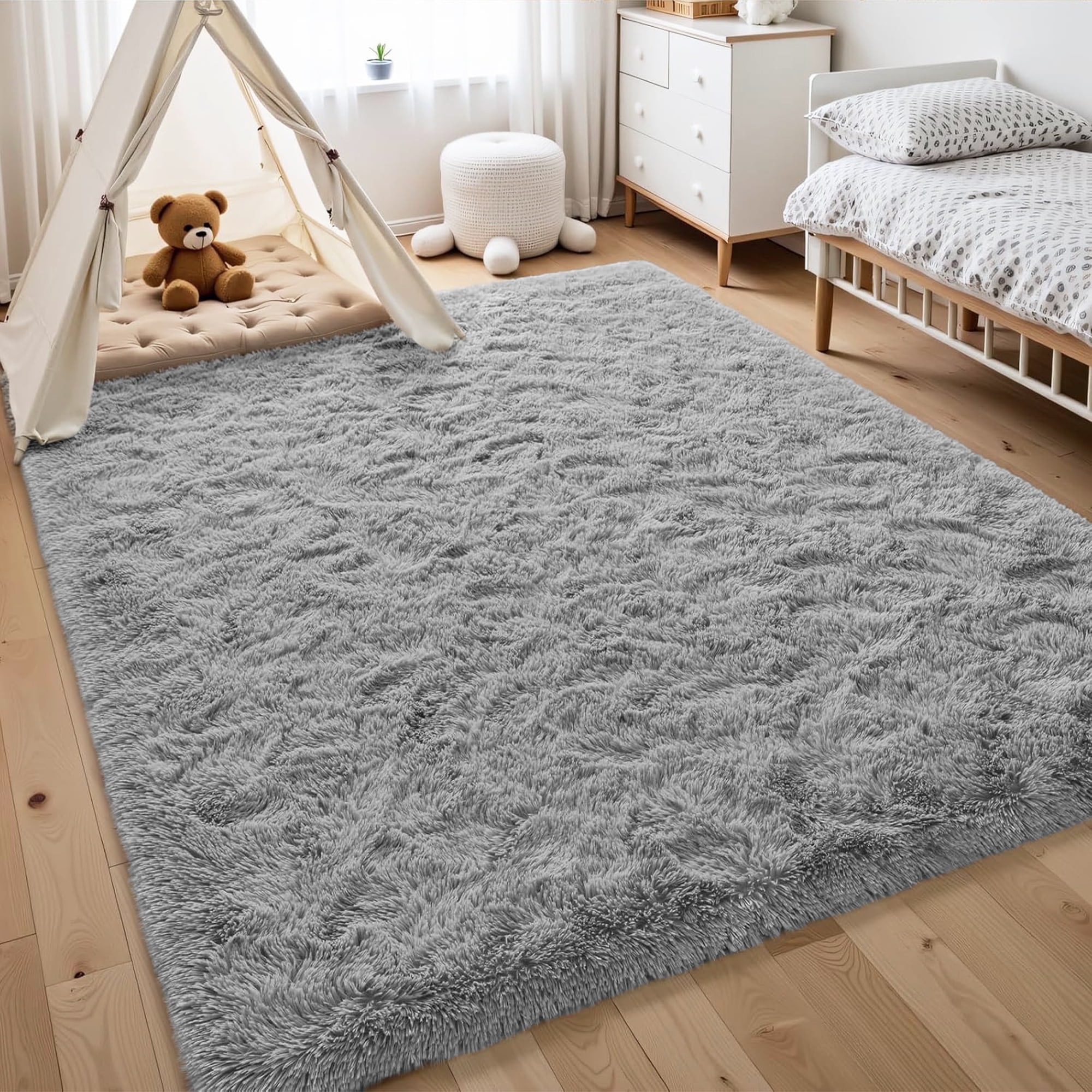 Nefoso Shag Area Rug, Soft Fluffy Carpet for Living Room and Bedroom Decor (Light Gray, 8 ft x 10 ft) adm59