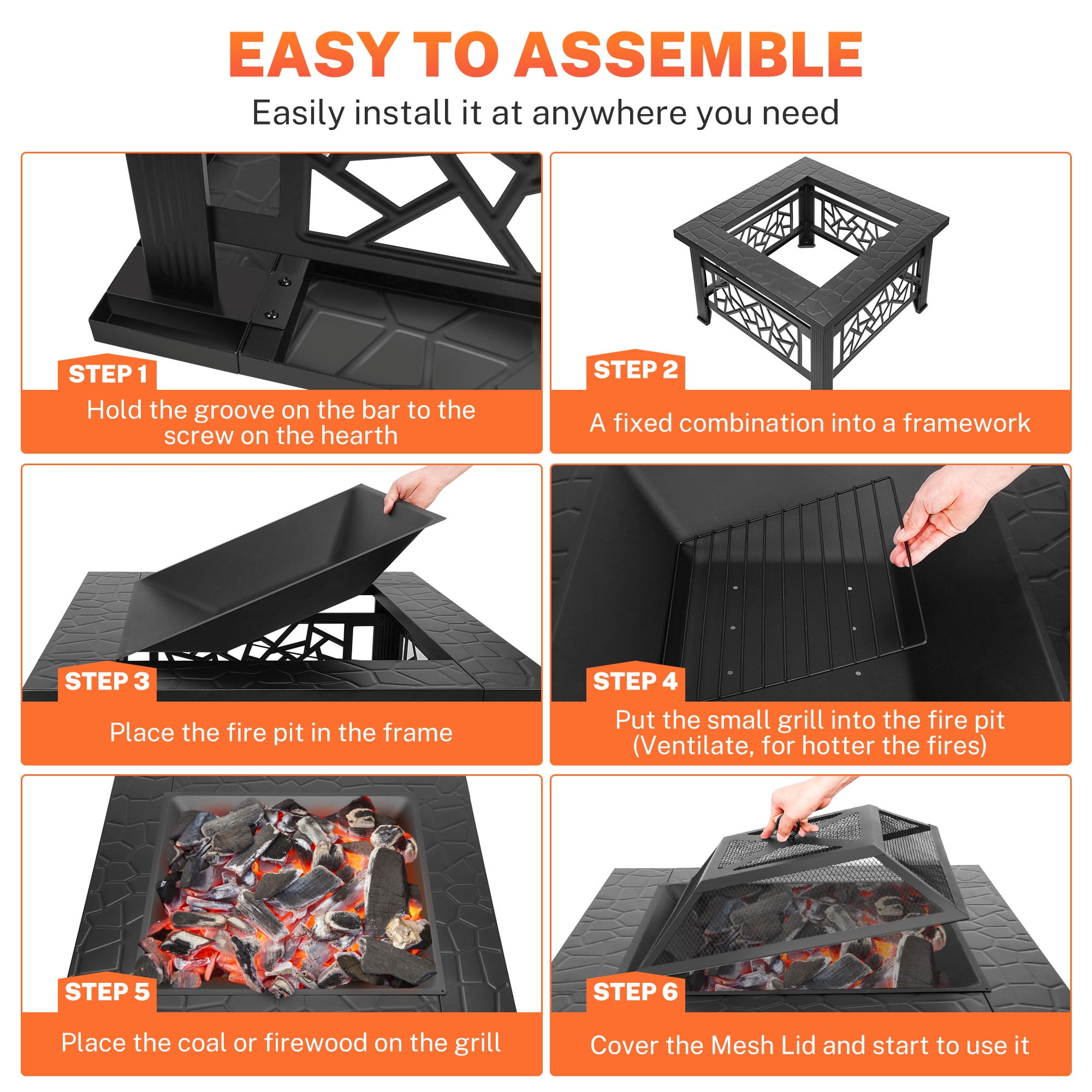 Segmart 32 in Square Outdoor Fire Pit with Spark Screen and Lid (Black, 32 in) 6juqy