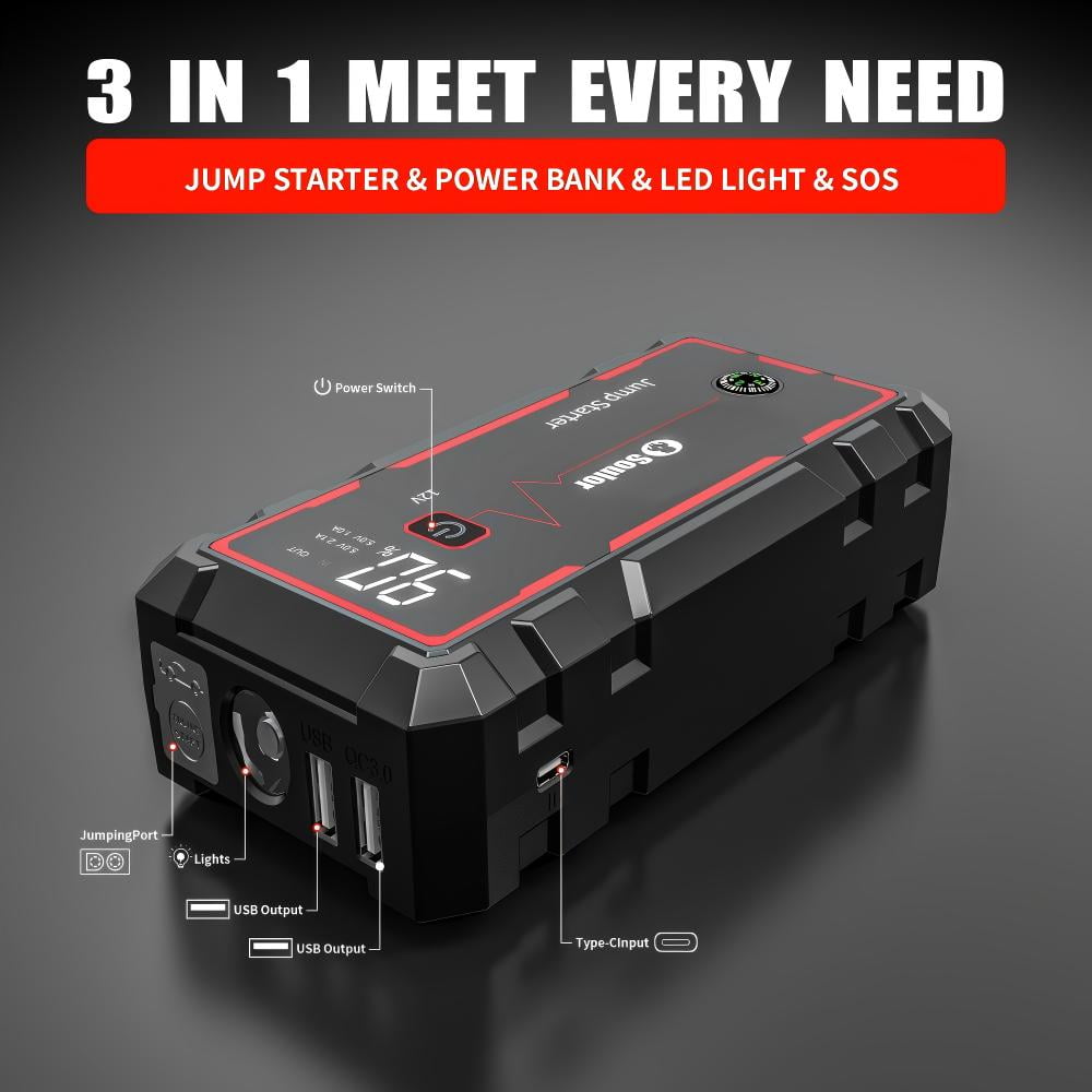 Soulor 3000A Portable Car Battery Jump Starter with Dual USB Power Bank (Black, 12V) hf722