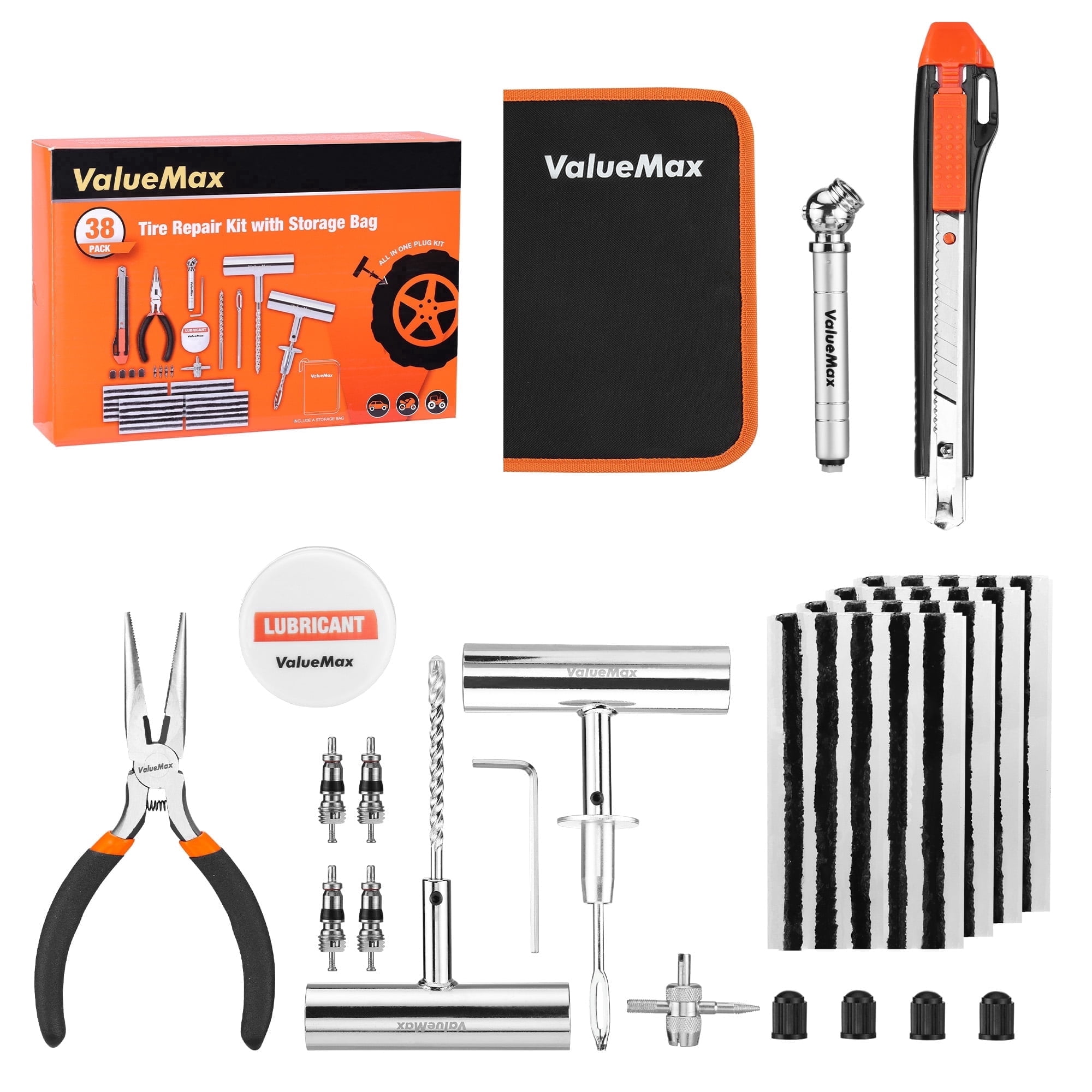 ValueMax Tire Repair Kit, Heavy Duty Puncture Repair Tools for Car, Truck, SUV, and Motorcycle (38-Piece Set) n7sgw