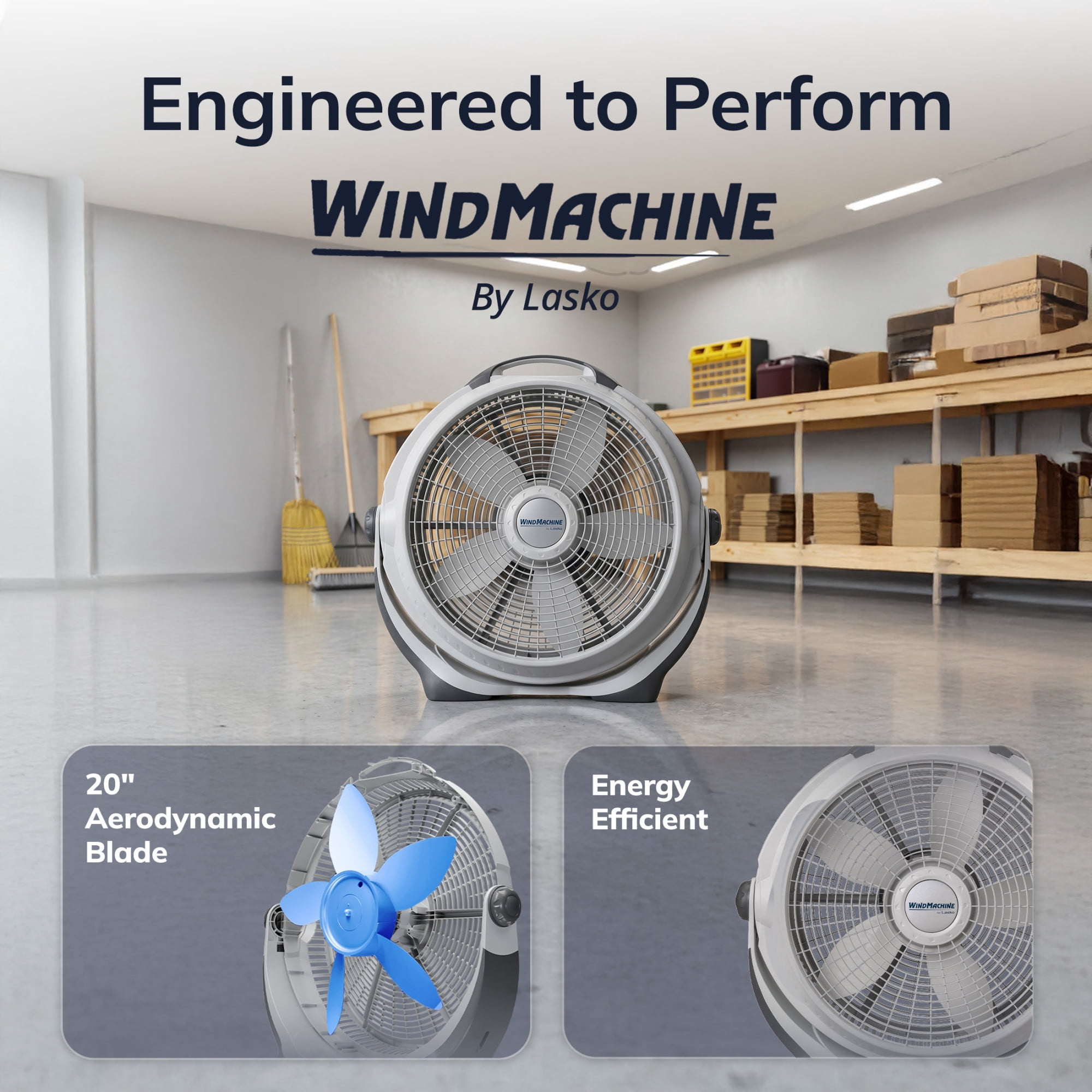 Lasko WindMachine 20 in High Performance Floor Fan, Pivoting Head Air Circulator for Whole Room Cooling (Gray, 20 in) klrro