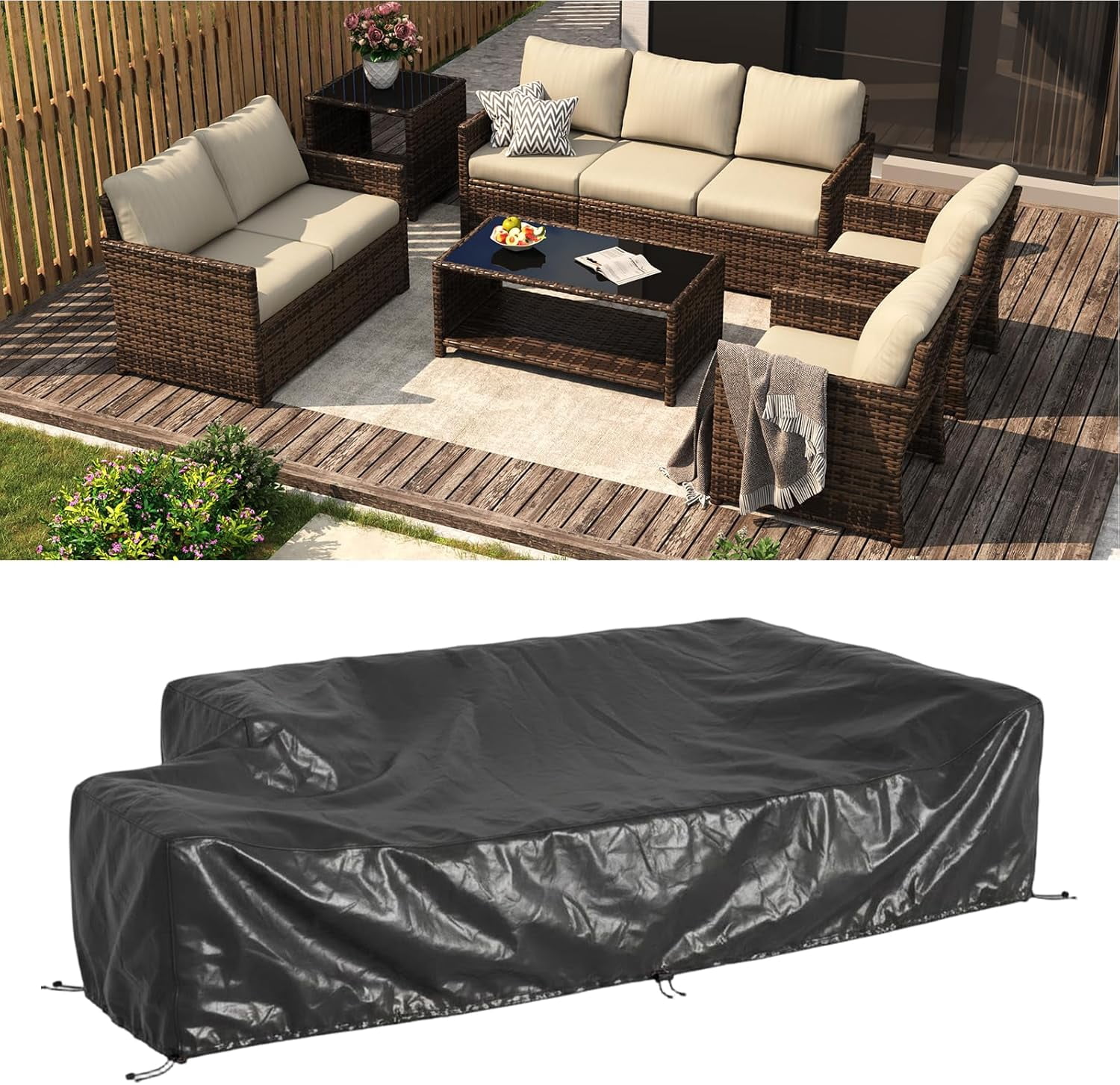 AECOJOY 7-Piece Outdoor Patio Furniture Set, All-Weather PE Wicker Sectional Sofa with Storage Boxes (Brown & Beige, 7-Piece) bq0ze