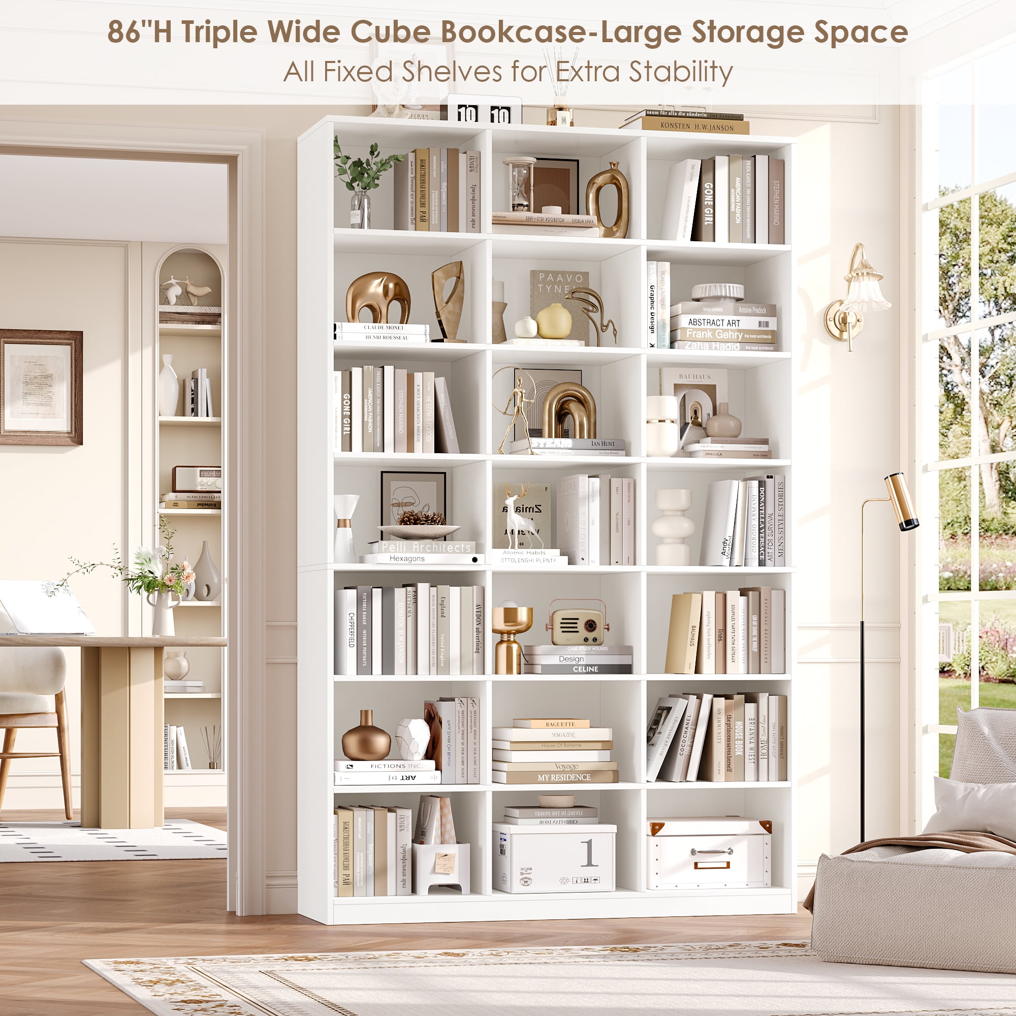 Hiphuta 21-Cube Bookcase, Tall Wooden Bookshelf for Home Office and Living Room (White, 86 in) rbqh6