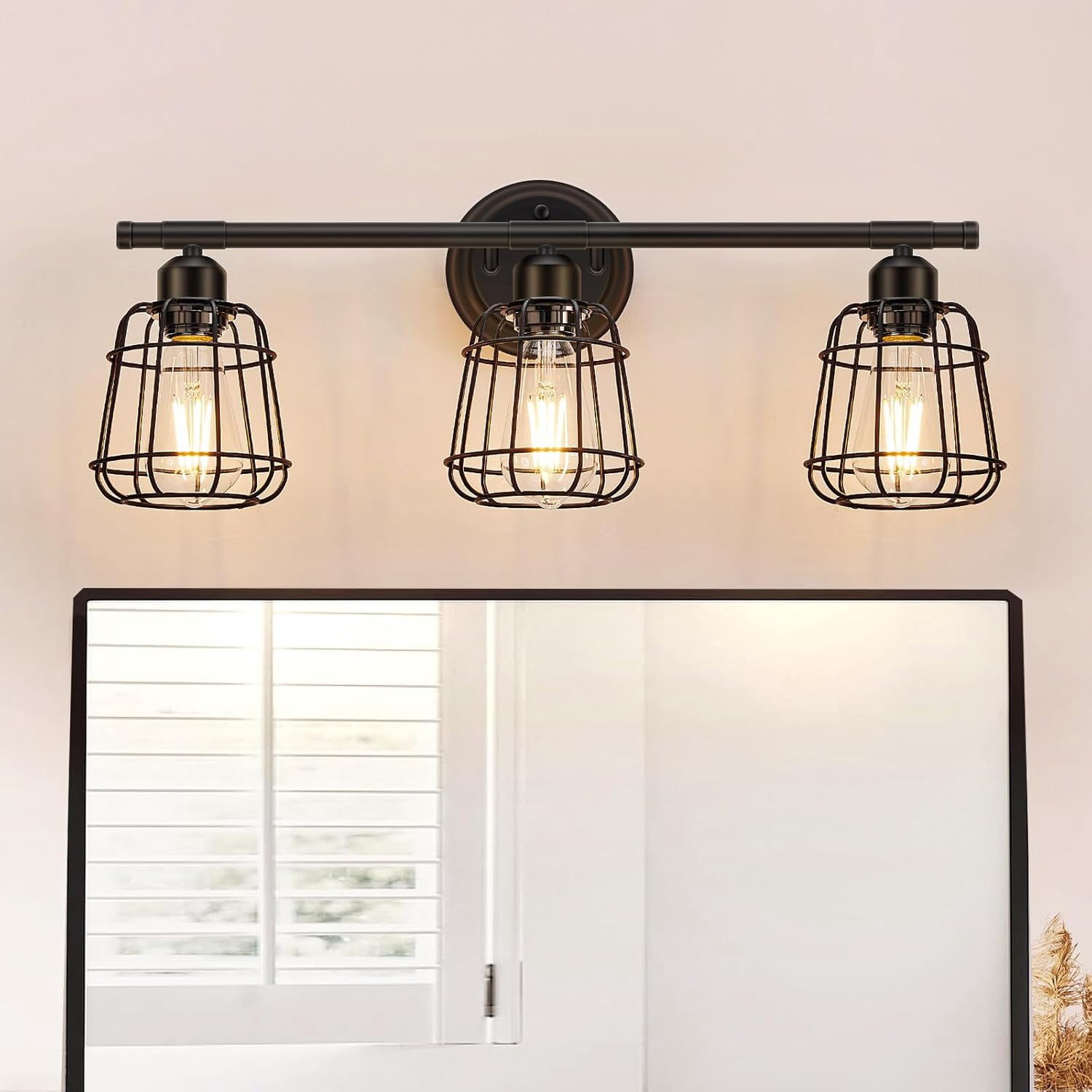 Licperron 3-Light Bathroom Vanity Fixture, Industrial Cage Shade Wall Lighting, Matte Black (18.11 in Wide) qit2a