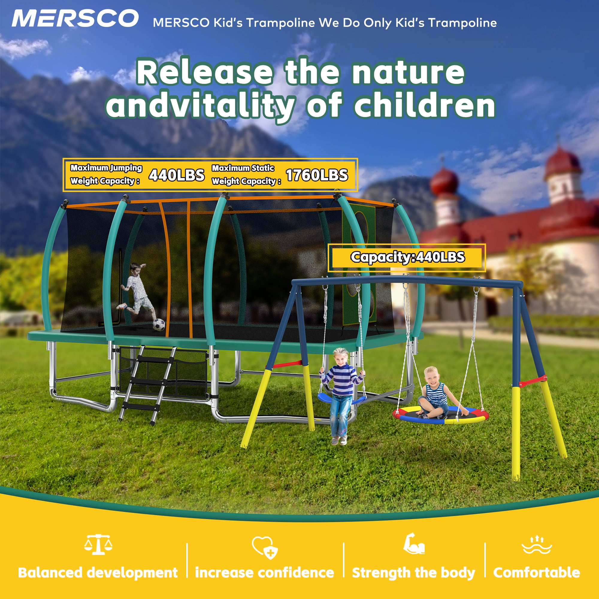 Mersco 4-in-1 Rectangular Trampoline with Swing Set and Enclosure Net (Green, 10 ft x 16 ft) 5k7pn