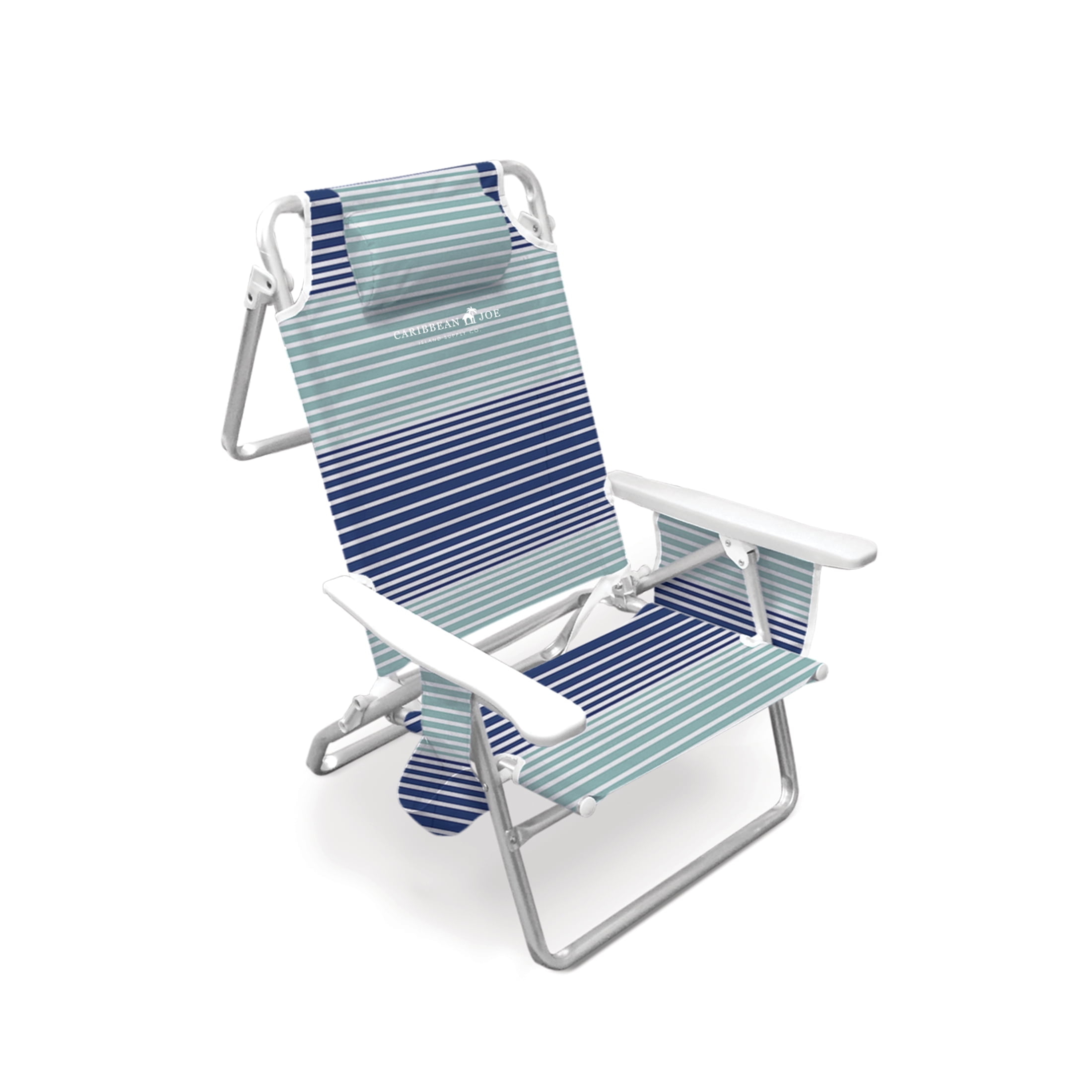 Caribbean Joe 5-Position Reclining Beach Chair with Storage and Headrest (Blue Teal Stripes, 250 lb Capacity) 2e1z9