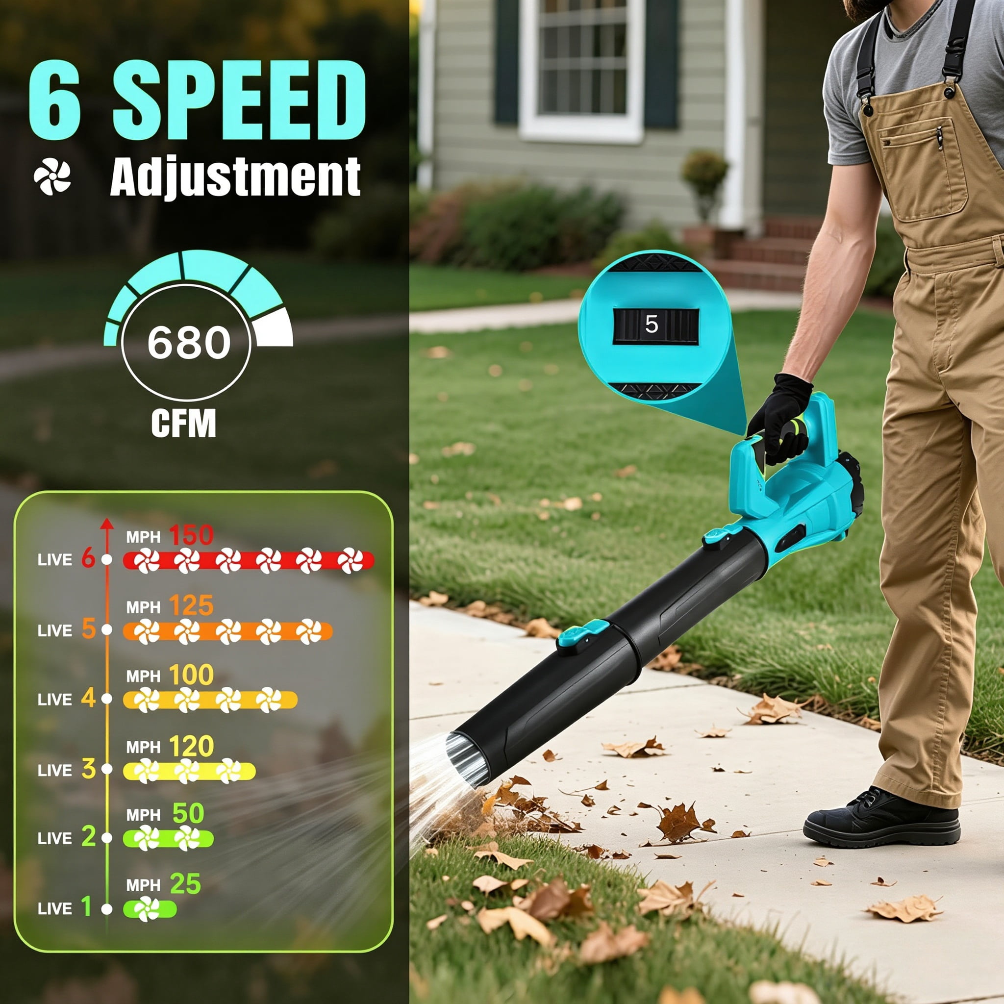LNOW Cordless Leaf Blower, 6-Speed Electric Power Sweeper for Yard and Garage (680 CFM, 150 MPH, 2 Batteries, 5.73 lb) lptib