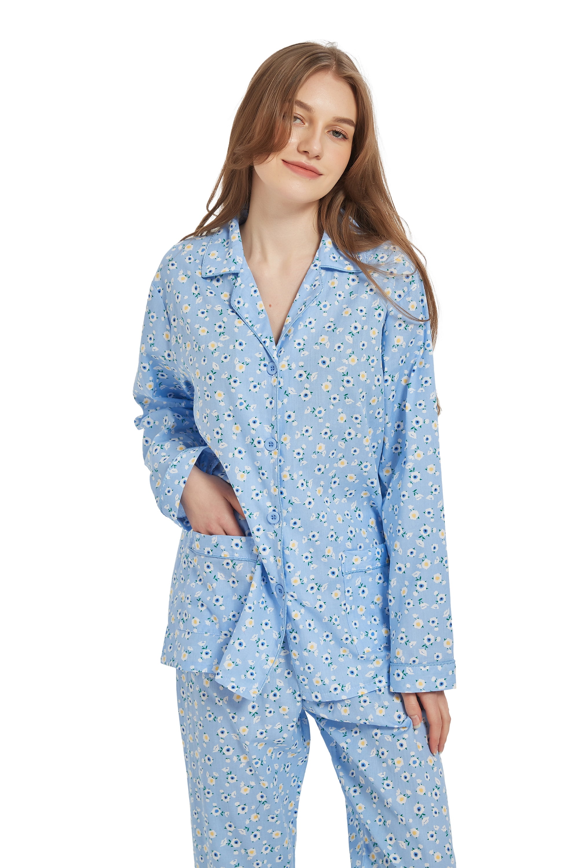 Kolipajam Women's Cotton Pajama Set Long-Sleeve Button Down Sleepwear (Blue, Large) zsfty