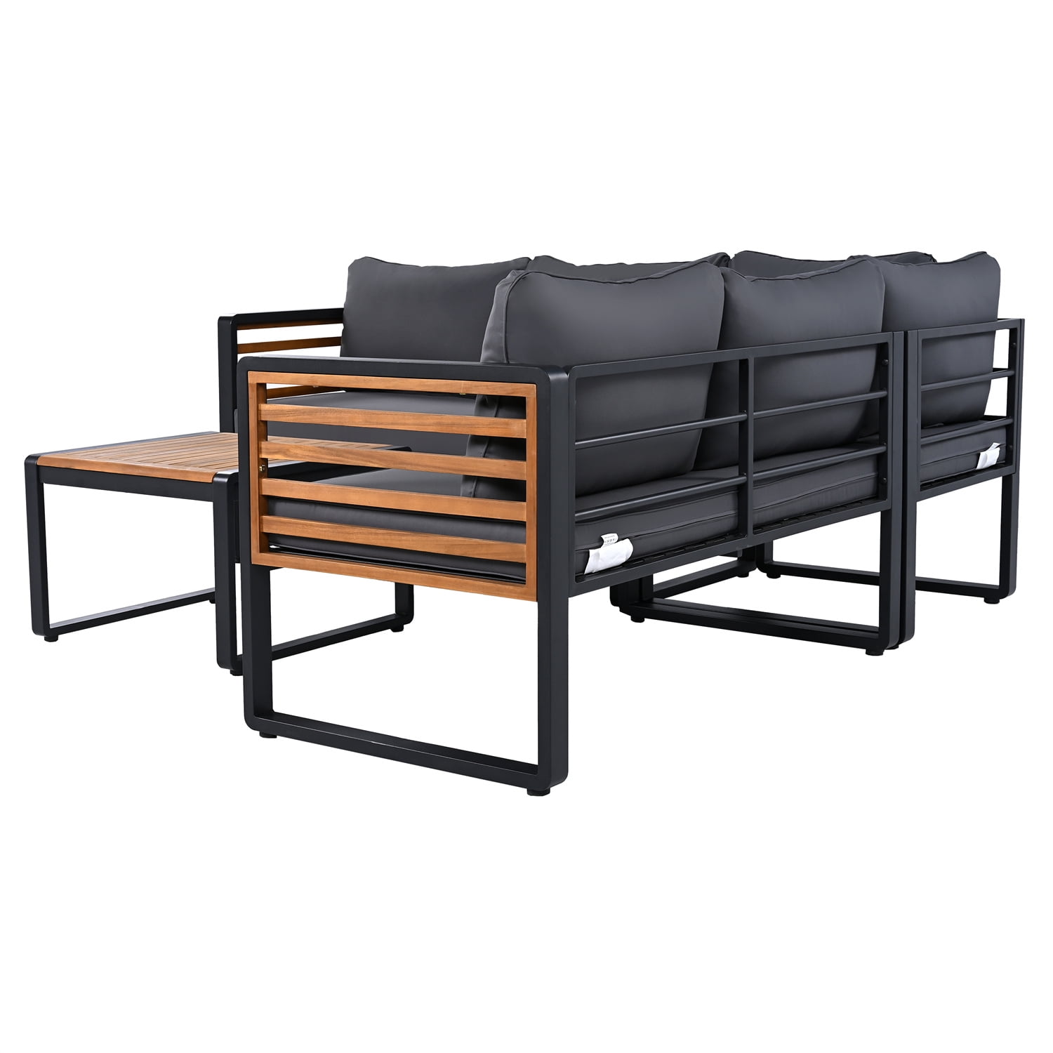YIORTWO 4-Piece Outdoor Patio Furniture Set, L-Shaped Sectional Sofa with Gray Cushions and Acacia Wood Coffee Table (Black Metal Frame, 4-Piece Set) tm9zi