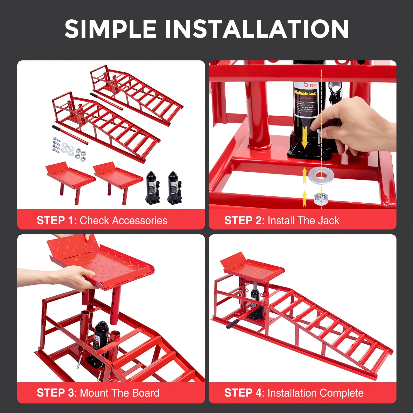 WheelX Hydraulic Car Ramps, Heavy-Duty Vehicle Lift Set for Automotive Maintenance (Red, 11000 lb) mreqx