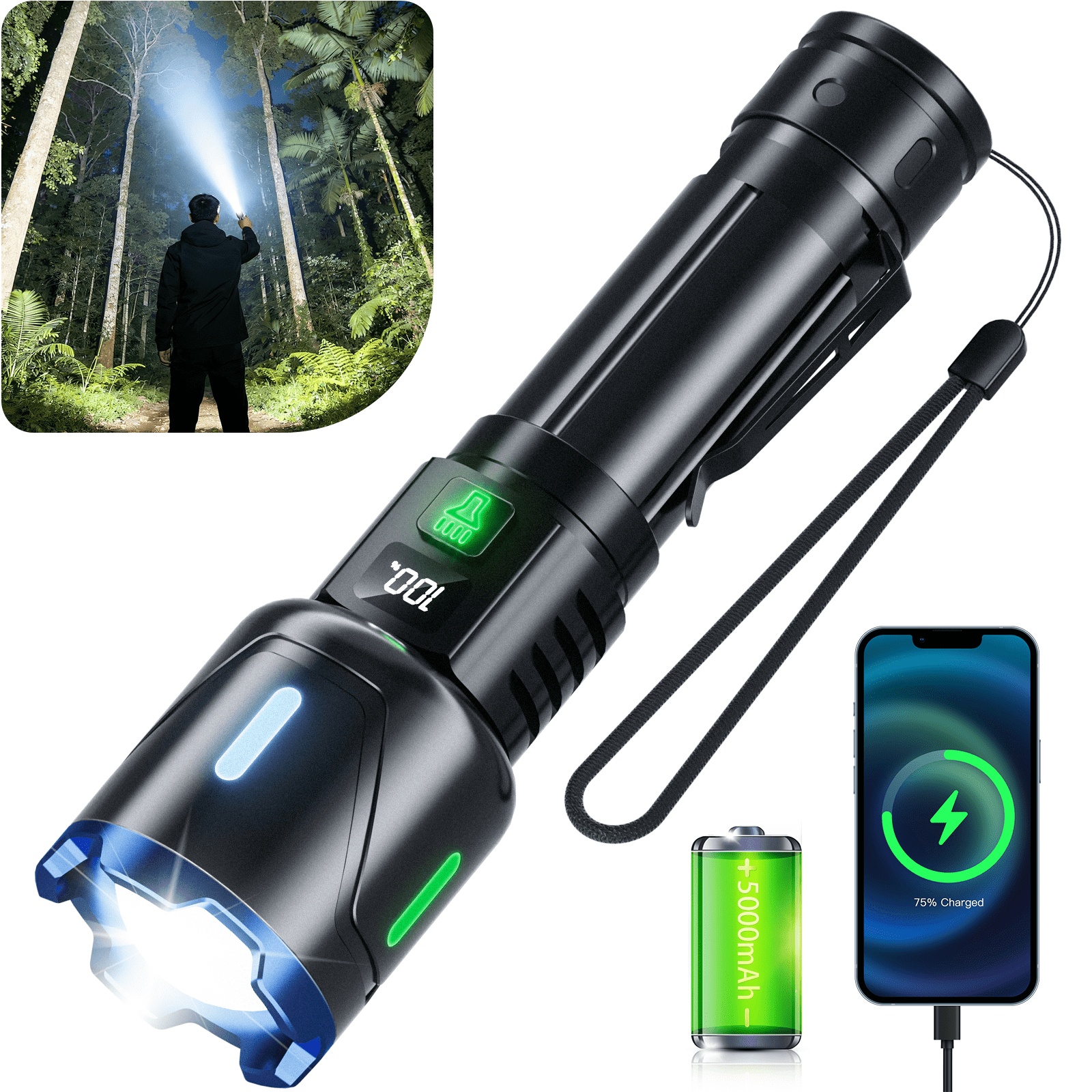 Juyafio Rechargeable LED Flashlight, High-Lumen Zoomable Handheld Light with LCD Power Display (Black, 5000mAh) f45vy