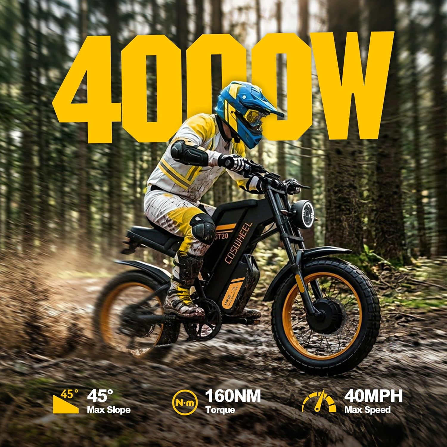 Coswheel GT20 Pro Electric Dirt Bike, 4000W Dual Motor Off-Road E-Bike, Full Suspension, 48V 40Ah Battery, 20 in x 4 in Fat Tires (Black, One Size) gr5iu