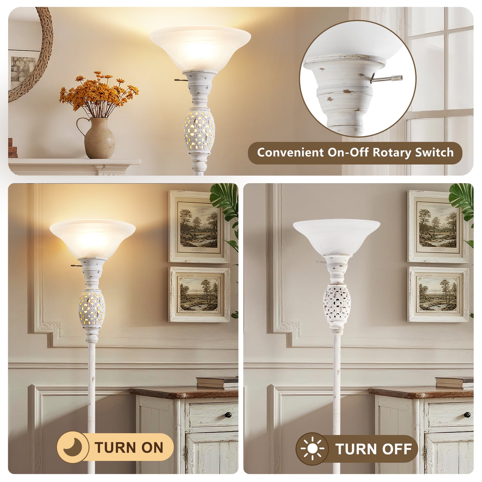 NATYSWAN Torchiere Floor Lamp with Nightlight and Glass Shade (White, 70 in) ljgyp