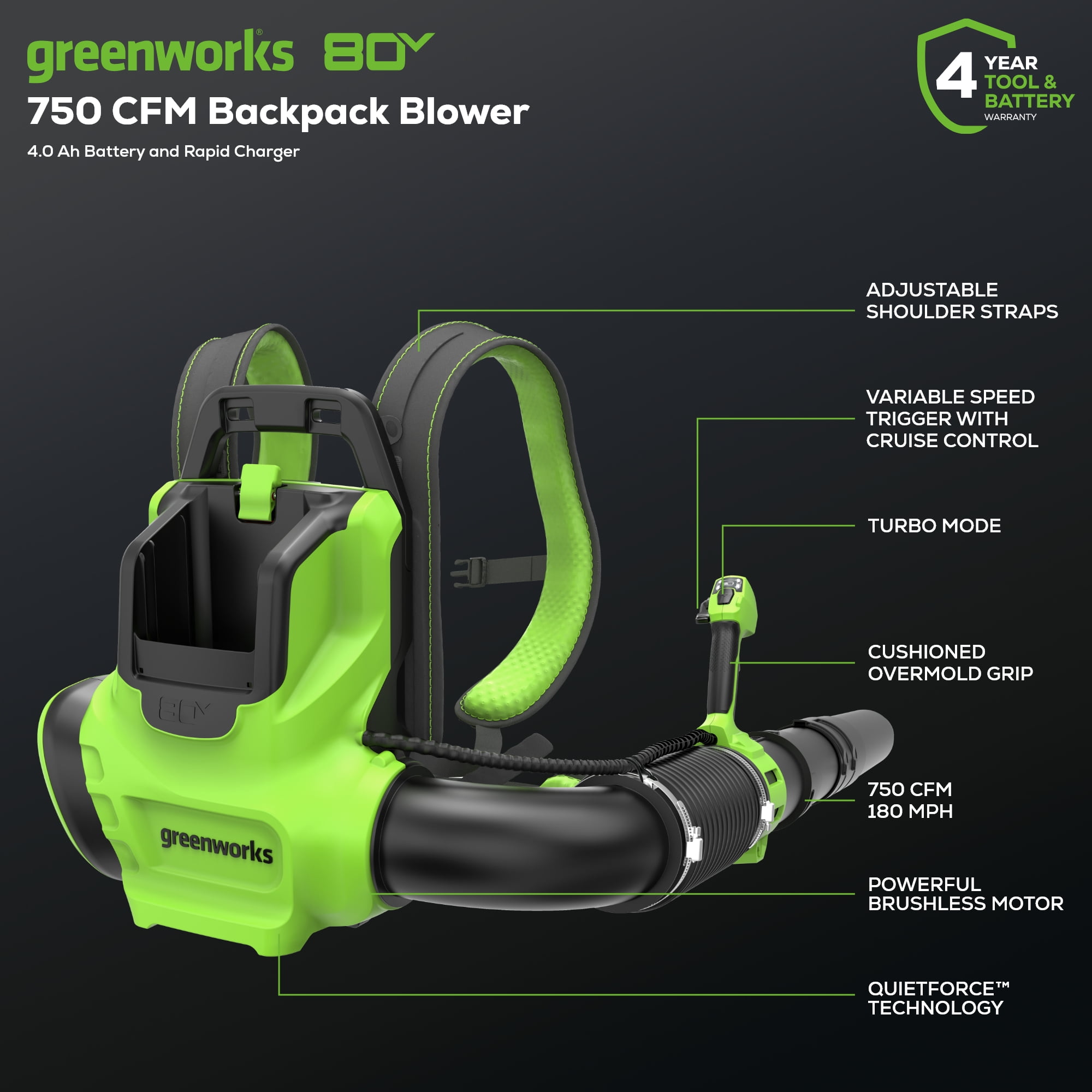 Greenworks 80V 750 CFM Cordless Backpack Leaf Blower with 4.0Ah Battery and Rapid Charger ya32f