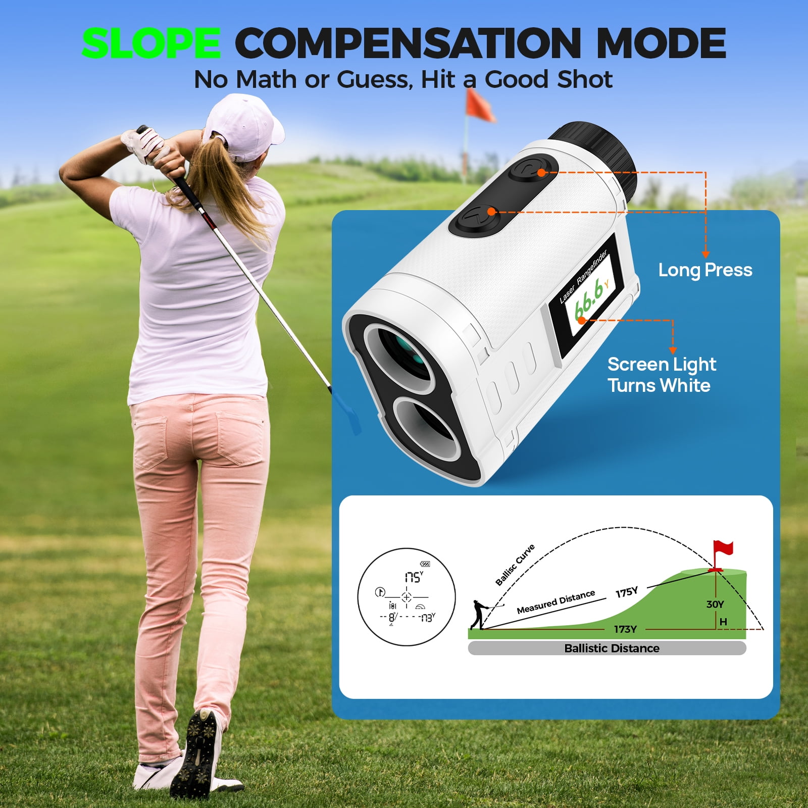 LAKWAR Golf Rangefinder with Slope Compensation, 900 Yards Laser Distance Finder, 6X Magnification, Flag Pole Locking Vibration, Rechargeable (White, 1 Unit) p9lvo