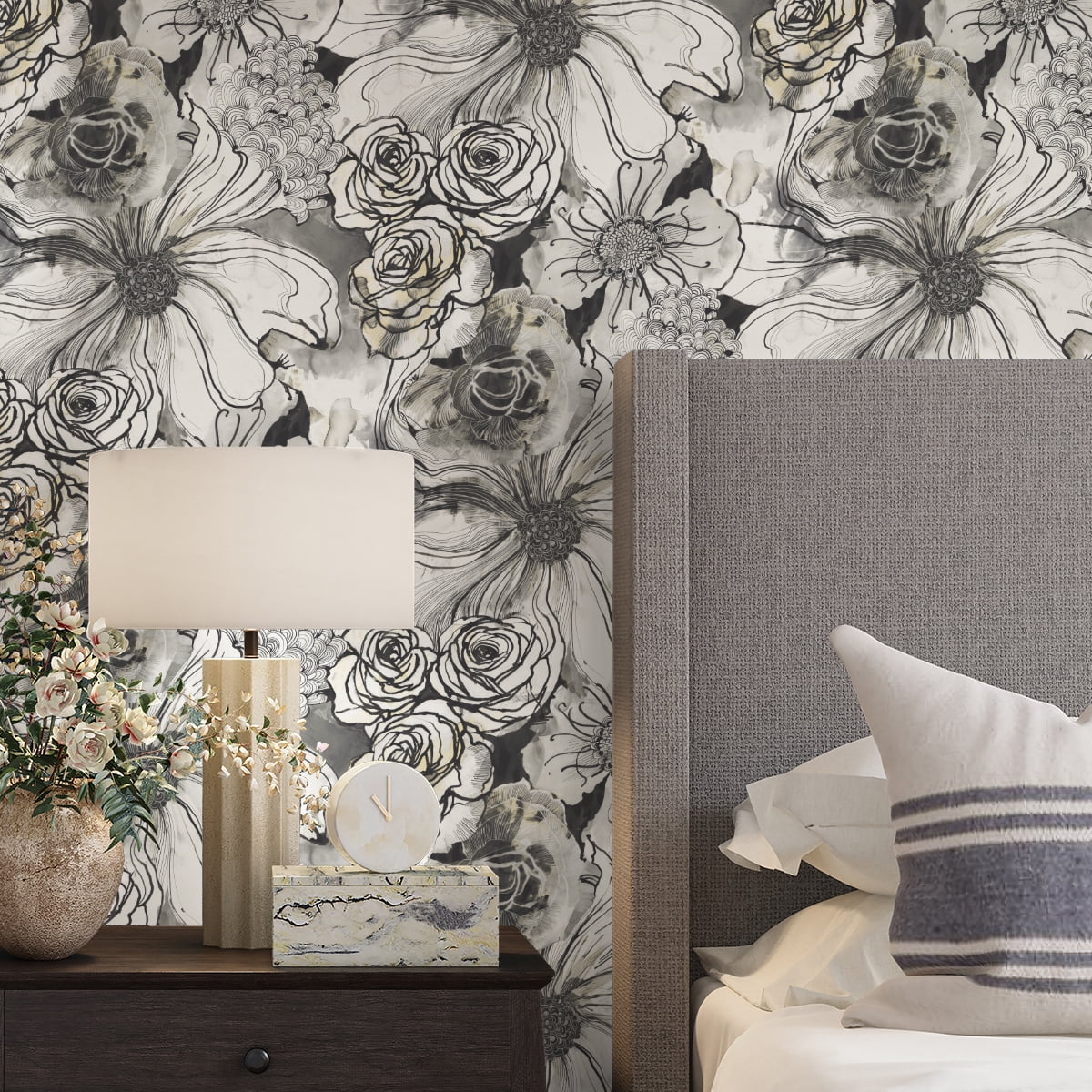 Harry & Grace Peel and Stick Wallpaper Floral Ink Rose Removable Wall Decor (Onyx, 20.5 in. W x 18 ft. L) w6ag1