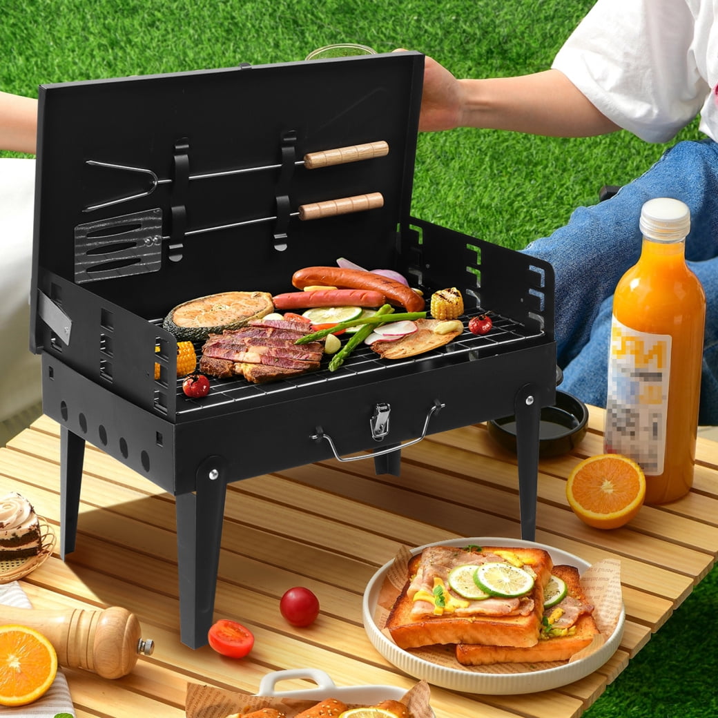 GORTES Portable Charcoal Grill with Lid, Folding Barbecue Smoker for Patio and Camping (Black, 17 in x 17 in) 942up