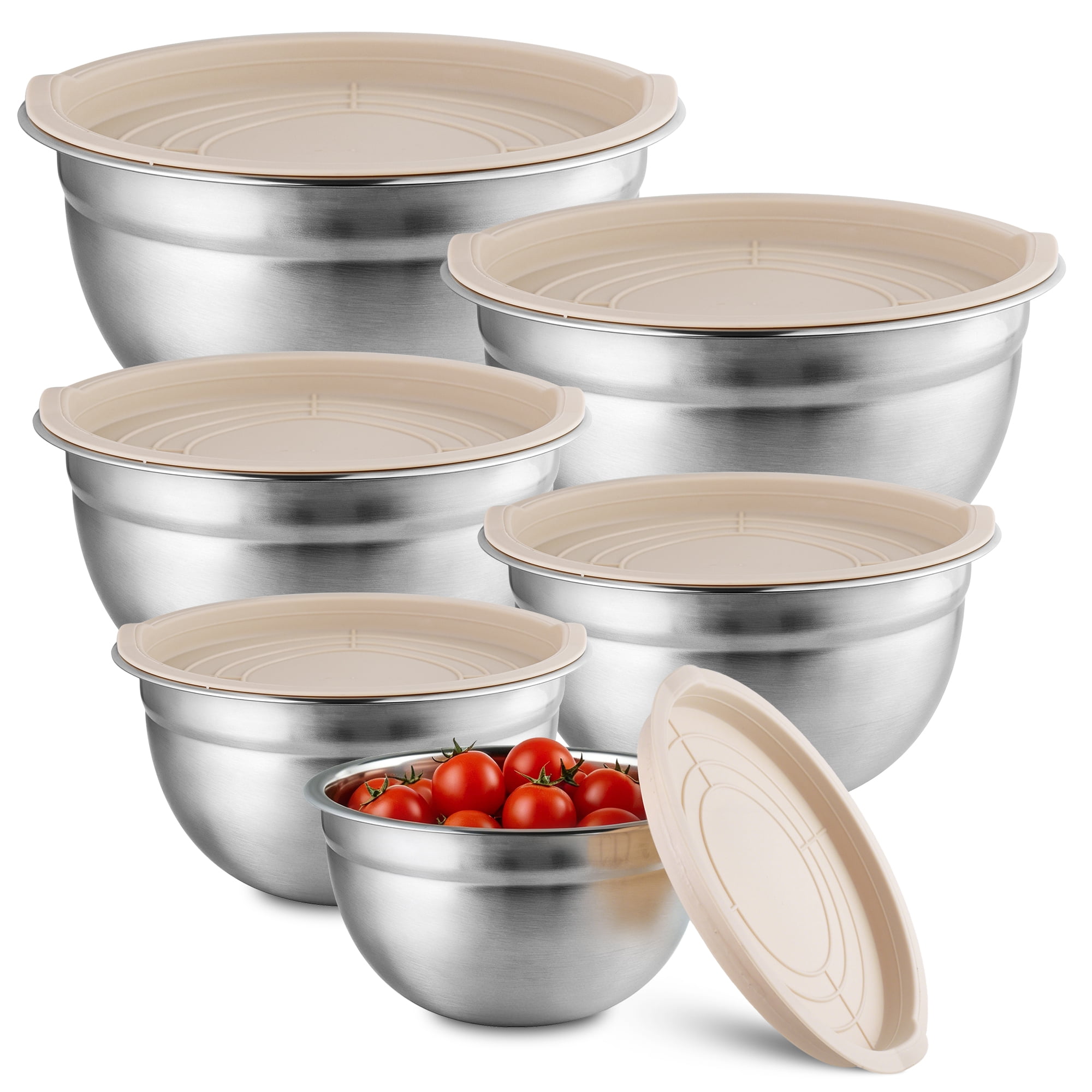 NULAS Stainless Steel Mixing Bowl Set with Airtight Lids, Nesting Kitchen Prep Bowls (Beige, 6-Piece Set) tqpq1