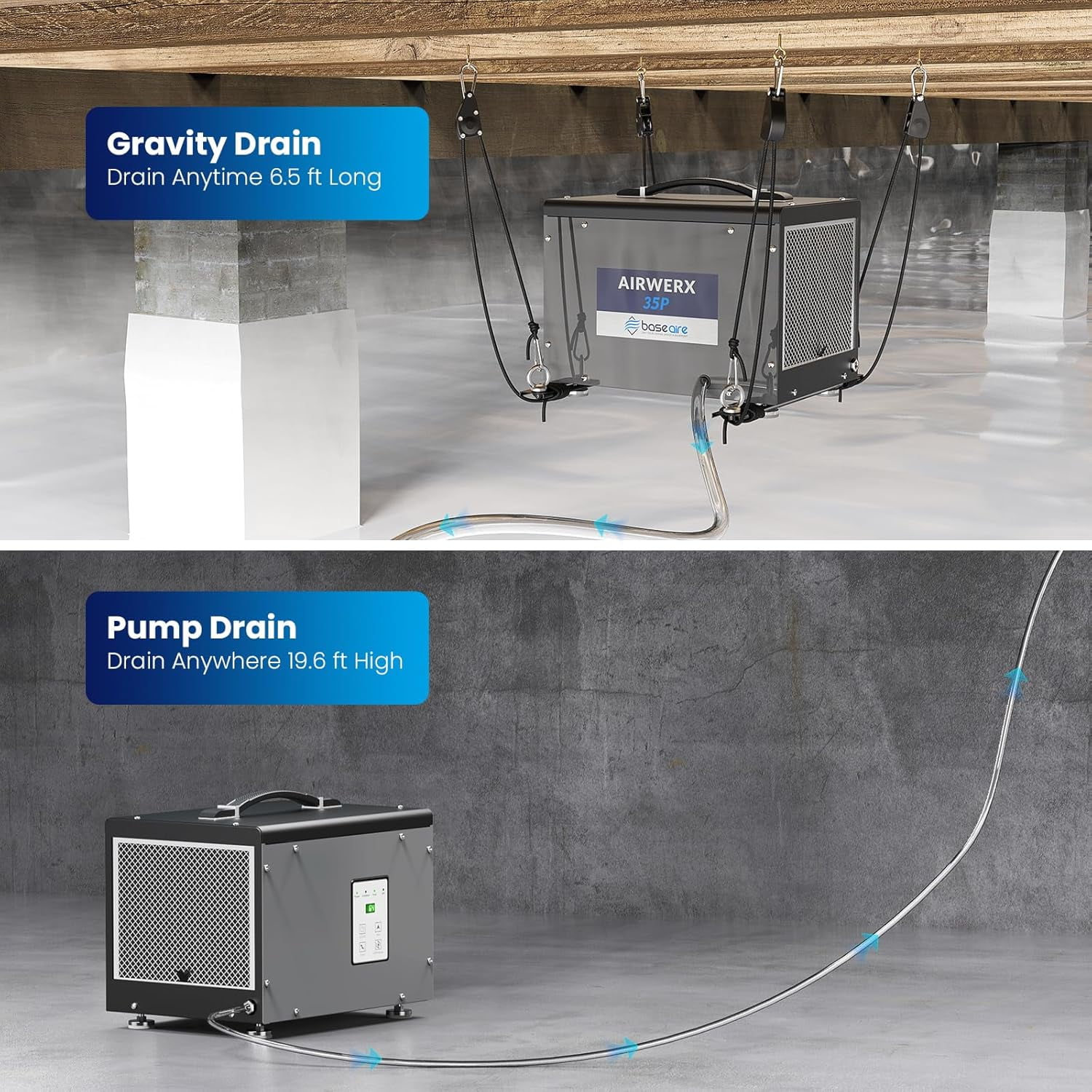 BaseAire 70 PPD Crawlspace Dehumidifier with Pump for Basements and Water Damage (Grey, 15.35 x 11.2 x 11.4 in) tj76a