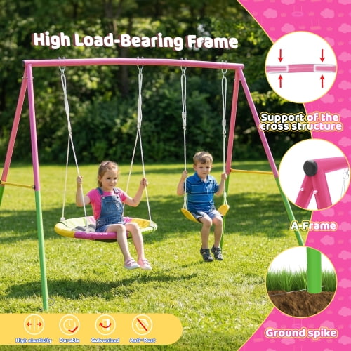 Kdymod Heavy Duty Metal A-Frame Swing Set with Saucer Disc and Belt Seat (Pink, 440 lb Capacity) sizrv