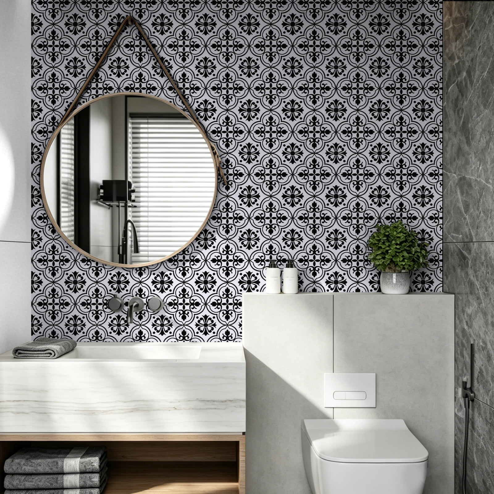 Abyssaly Peel and Stick Vinyl Flooring Tile, Waterproof Self-Adhesive Decorative Floor Covering for Kitchen and Bathroom (Black and White Flower, 15.7 in x 157.5 in) x09m8
