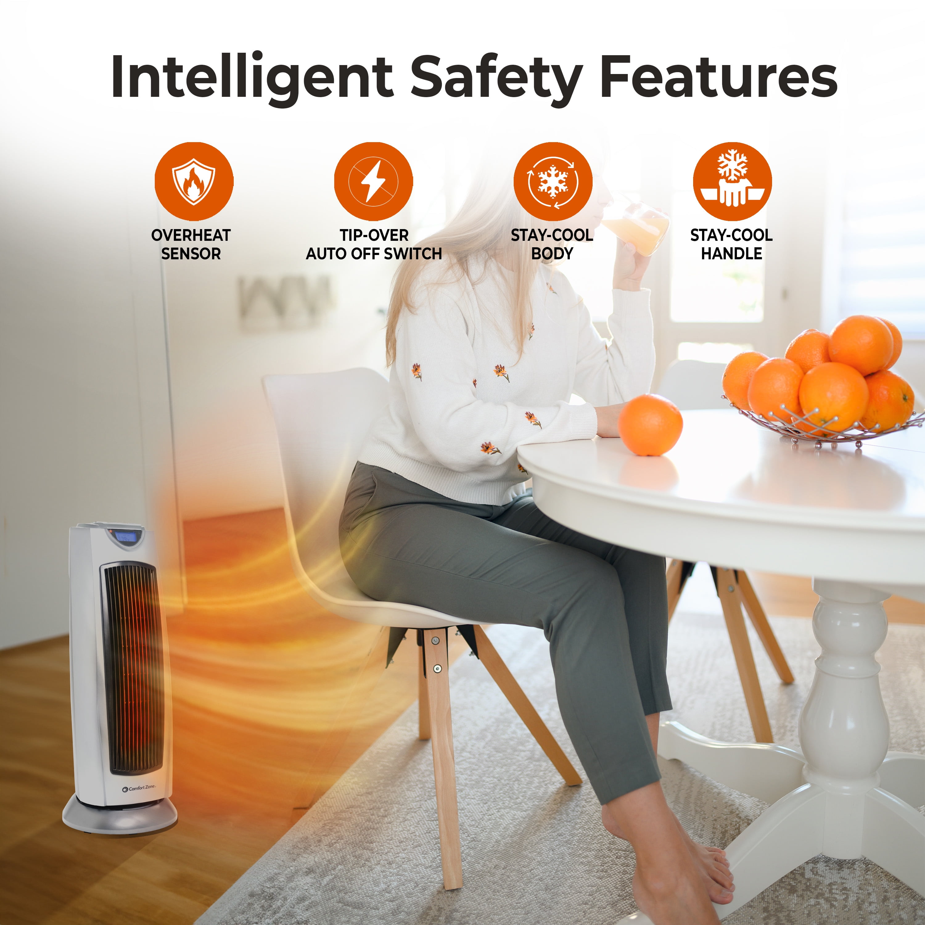 Comfort Zone Ceramic Oscillating Digital Tower Space Heater (Silver, 1500W) 9gc0w