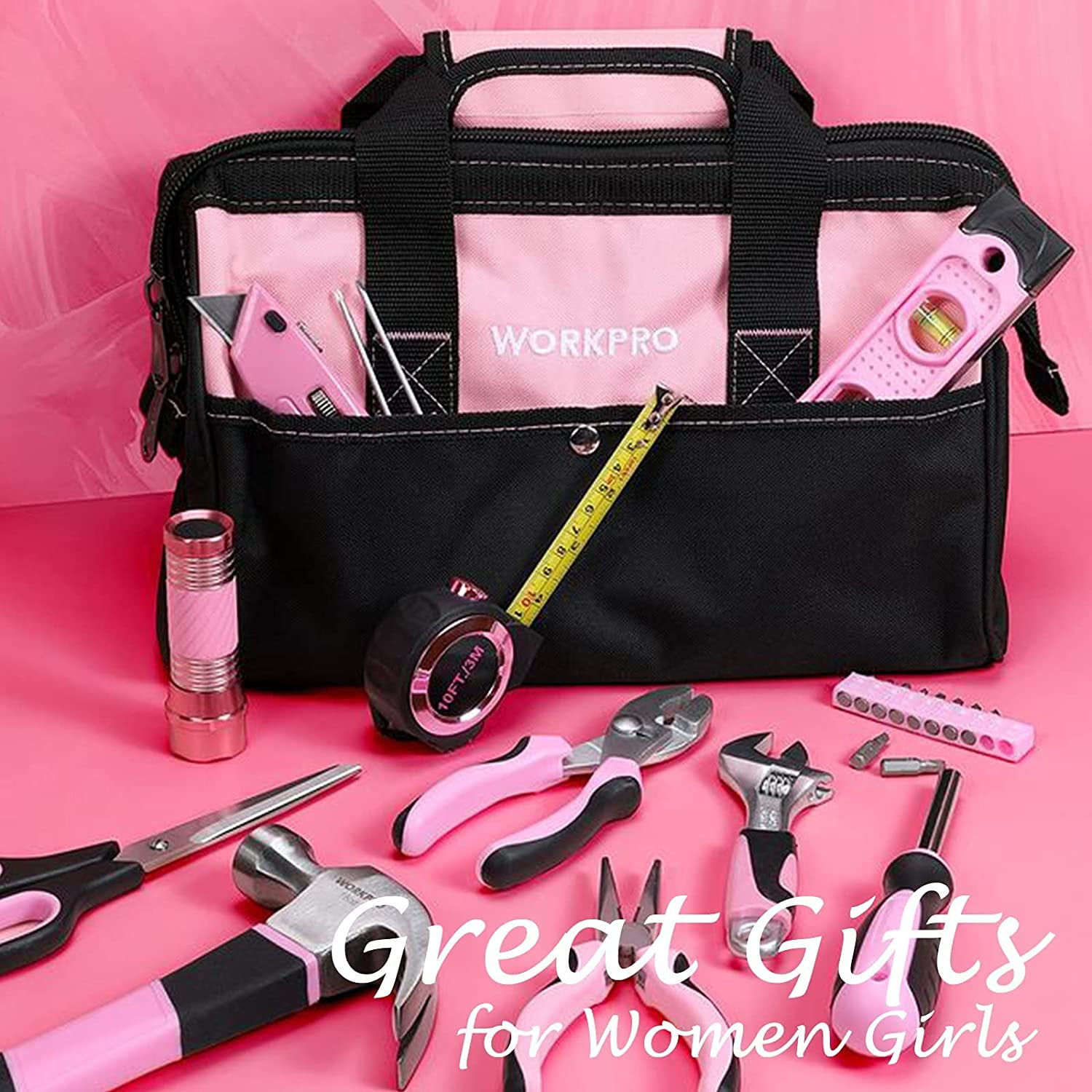WORKPRO 106-Piece Home Repair Tool Set with Wide Mouth Storage Bag (Pink, 106-Piece) stzxt