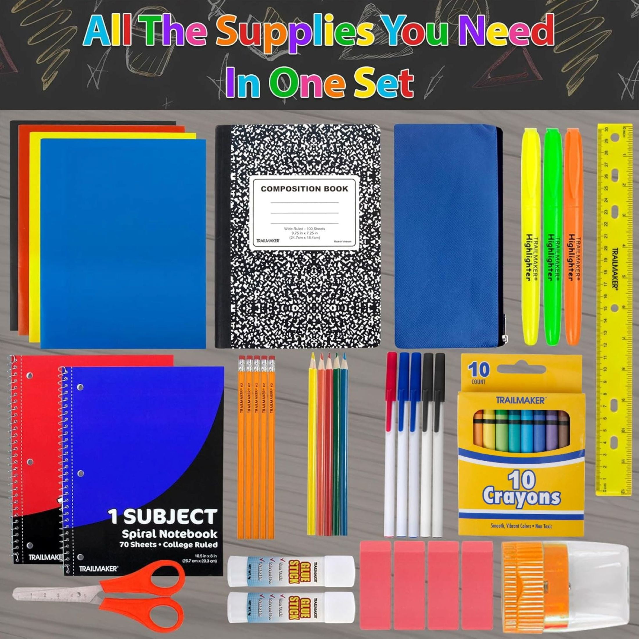 Trailmaker 18 in Backpacks with 45 Piece School Supply Kits (12 Pack, Black and Navy Blue) d93ko