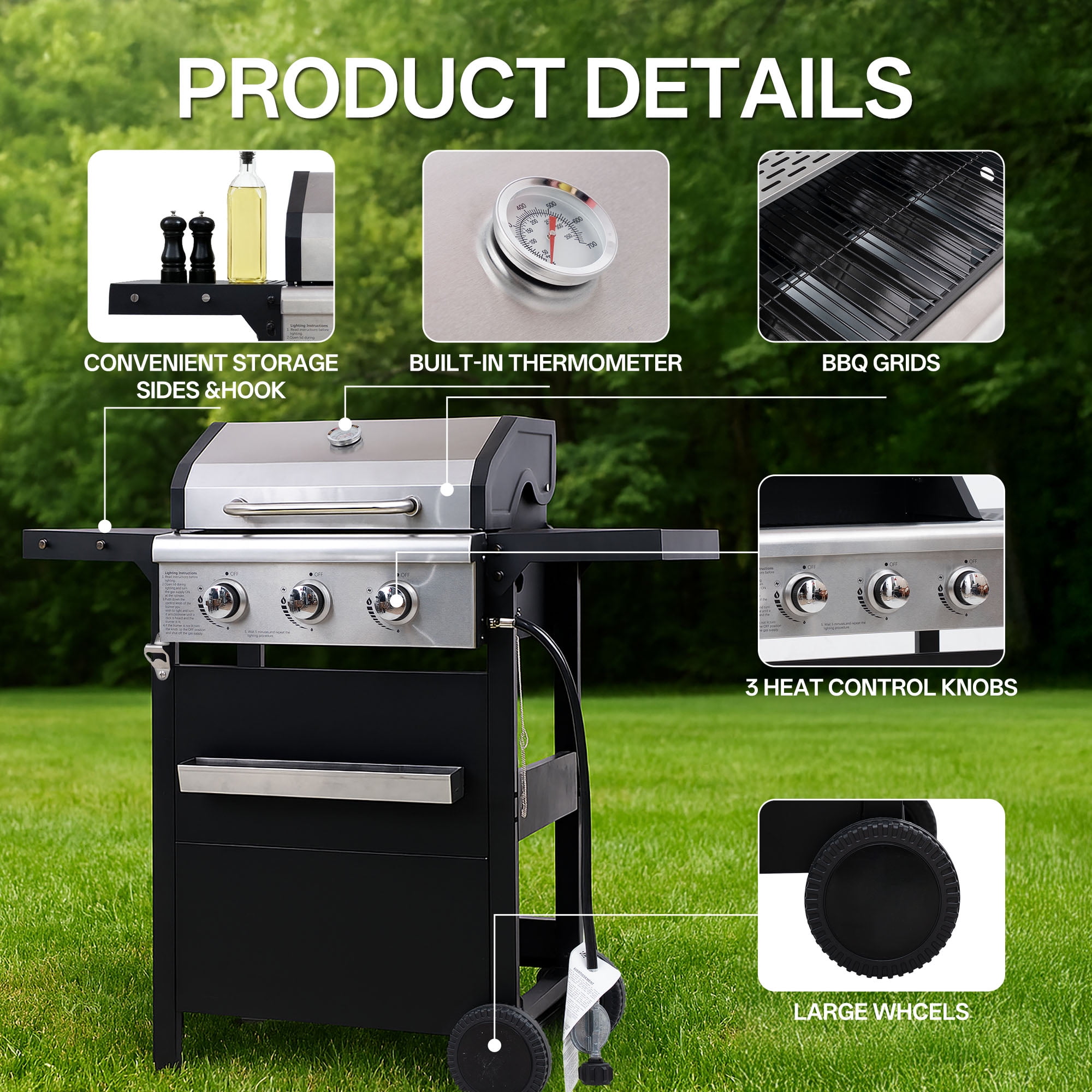 YIORTWO 3 Burner Propane Gas Grill with Cover, Outdoor BBQ with Stainless Steel Lid and Storage Cabinet (Black, 27,000 BTU) 60l9b