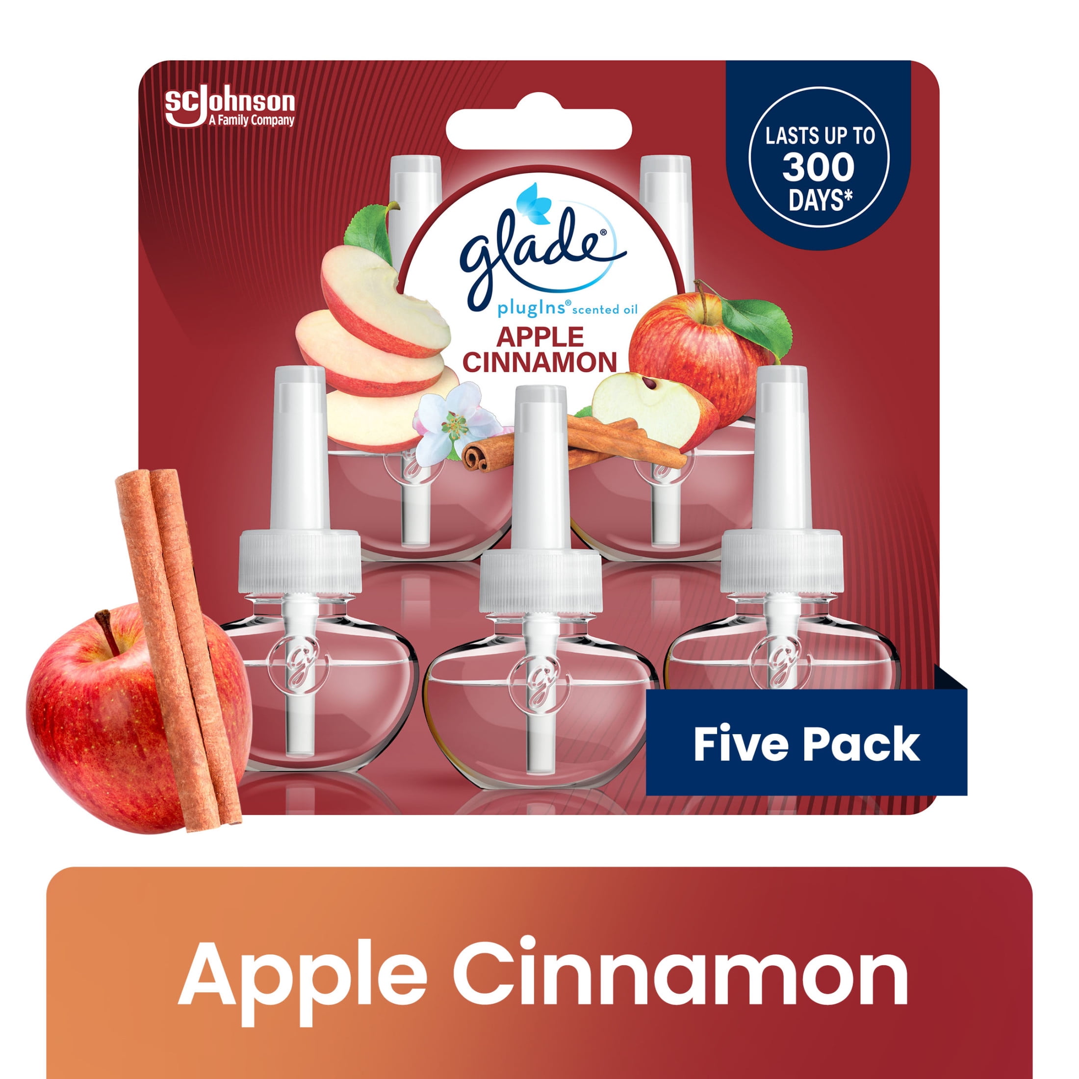 Glade PlugIns Scented Oil Air Freshener Refills, Apple Cinnamon, Essential Oil Infused (5 Pack, 3.35 fl oz) wdlq7