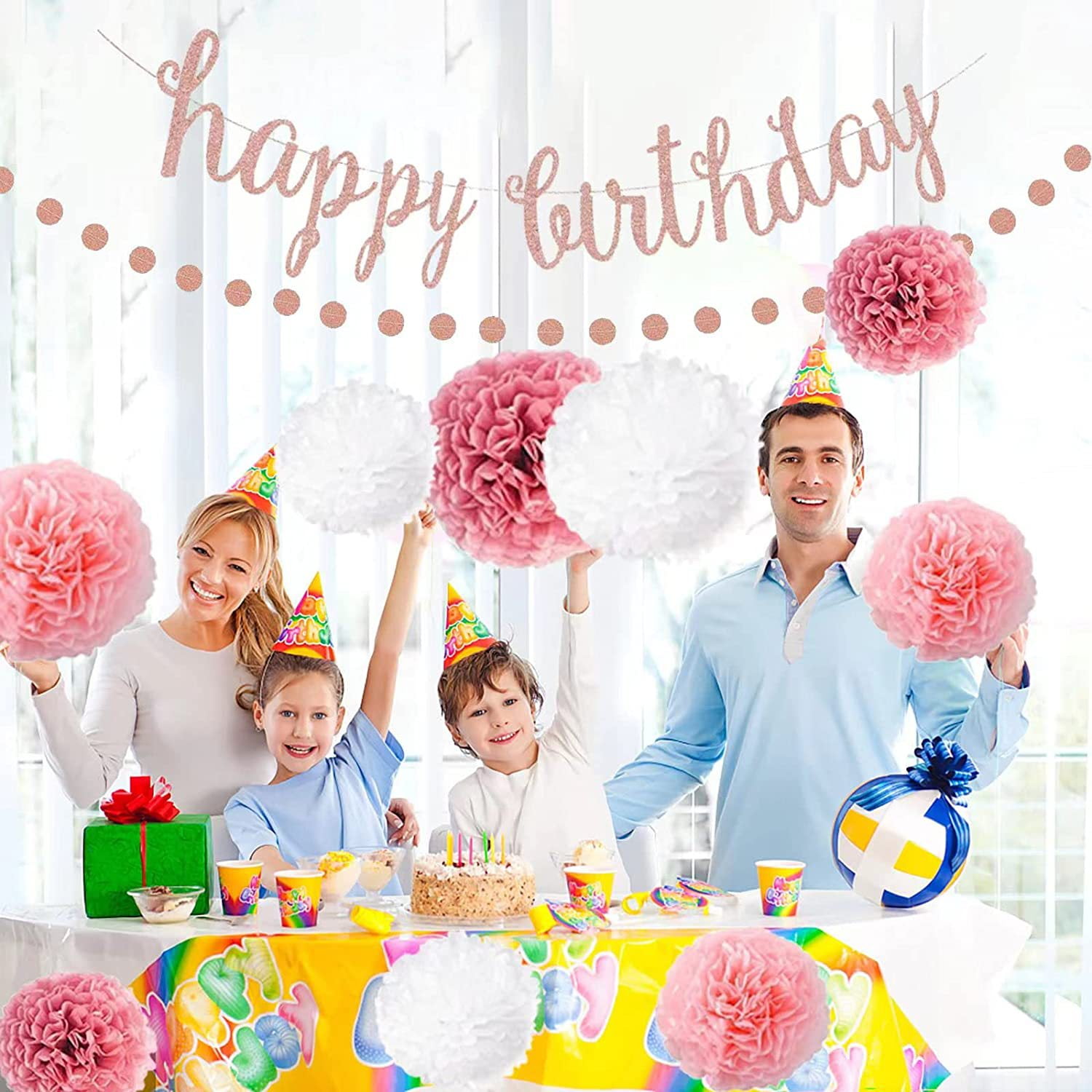LeeHaven Birthday Party Decorations Set, Rose Gold Glittery Banner and Paper Garland Kit (Pink, 1 Set) 4cot3